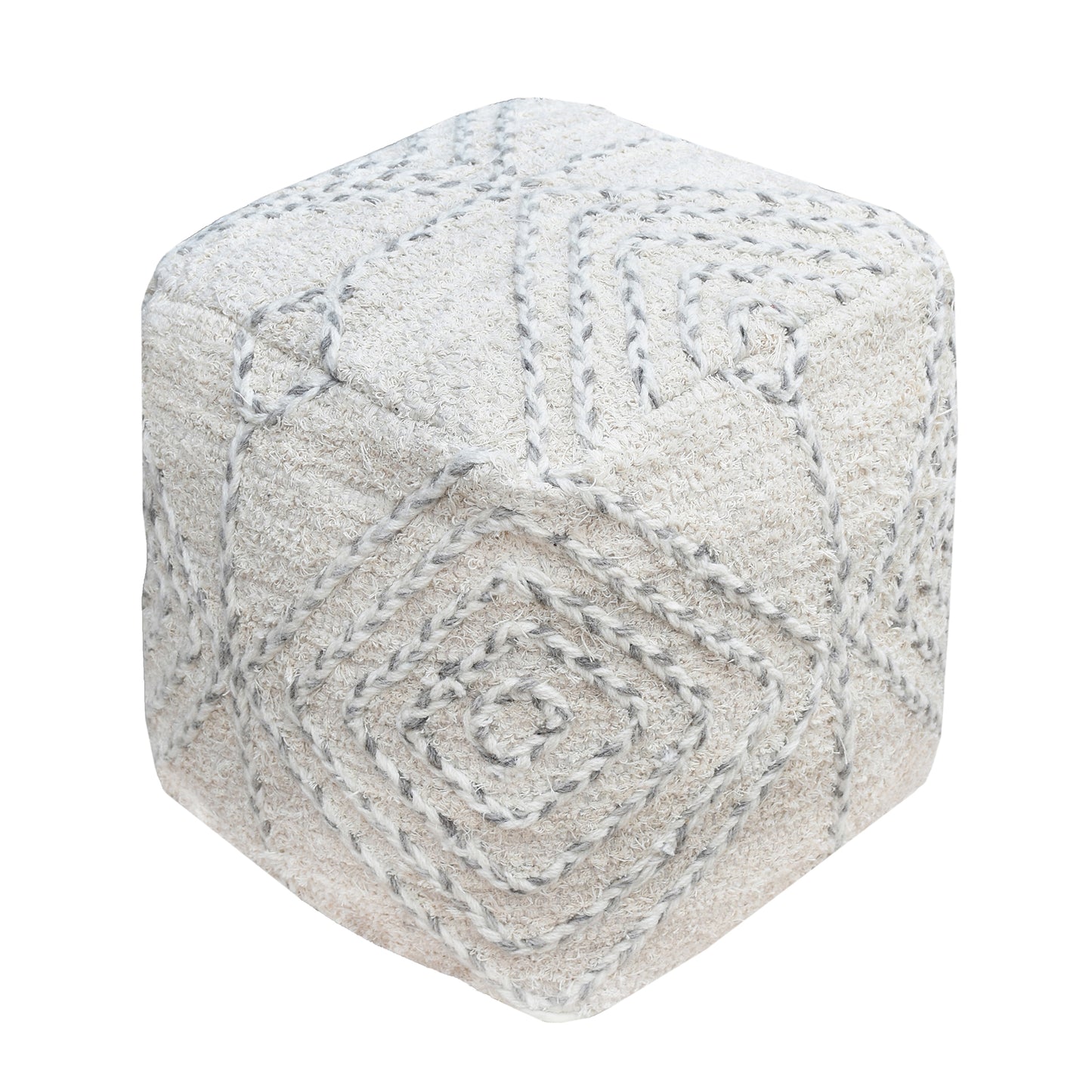 Arianata Pouf, Cotton, Wool, Natural White, Grey, Pitloom, Flat Weave