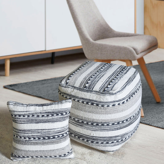 Arsanio Pouf, Wool, Natural White, Grey, Charcoal, Pitloom, Flat Weave