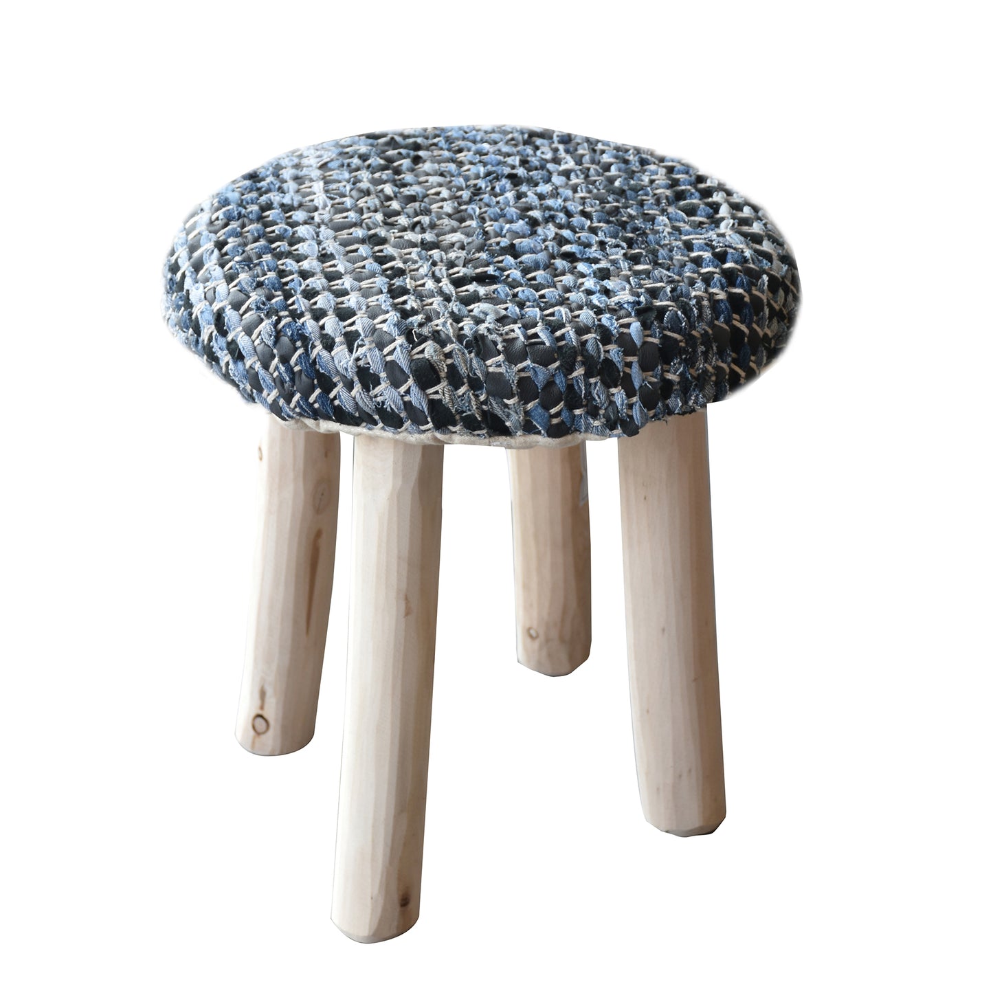Atlas Round Stool, Denim, Leather, Blue, Pitloom, Flat Weave