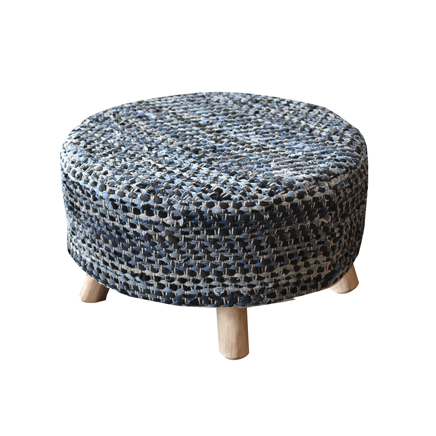 Atlas Round Stool, Denim, Leather, Blue, Pitloom, Flat Weave