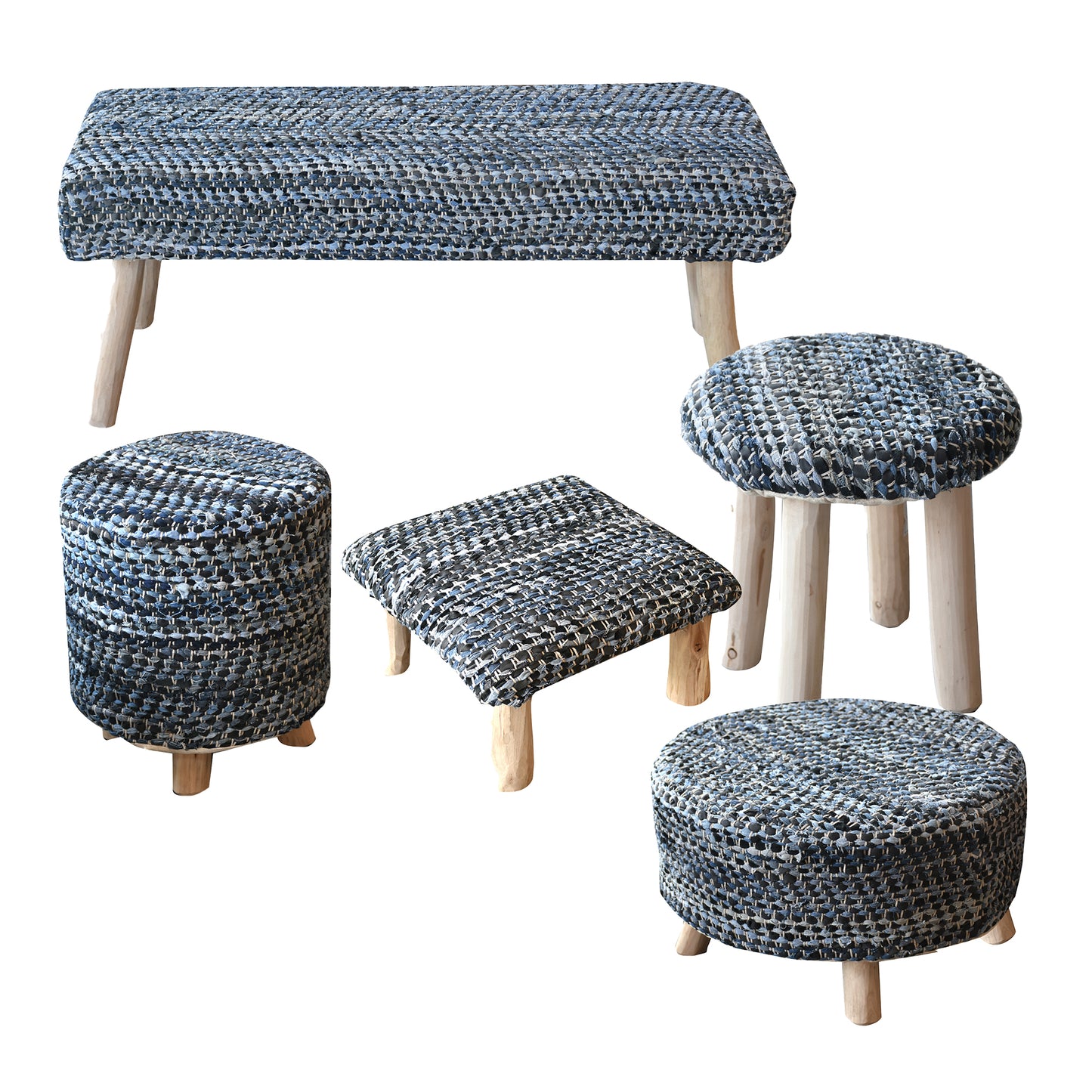 Atlas Round Stool, Denim, Leather, Blue, Pitloom, Flat Weave