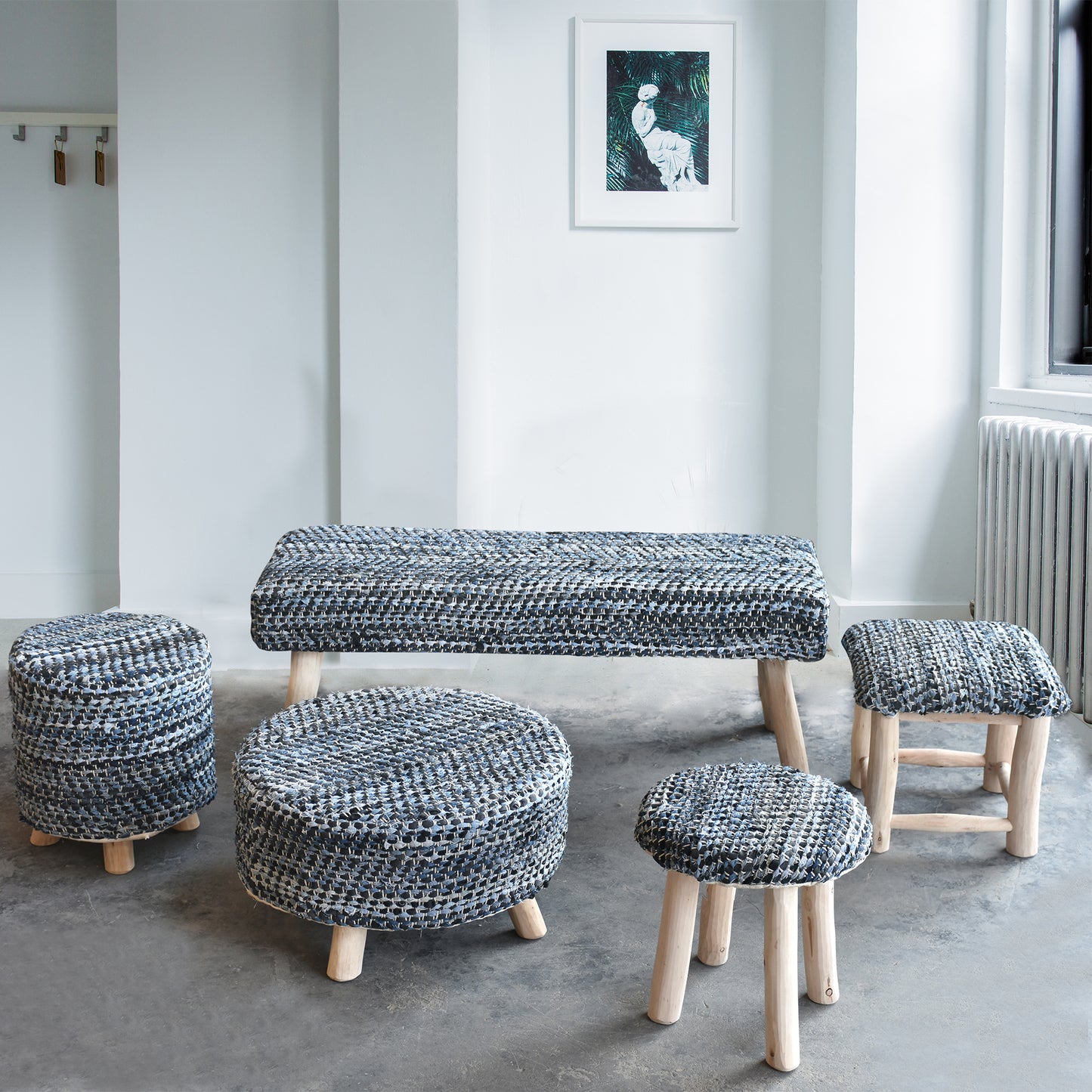 Atlas Square Stool, Denim, Leather, Blue, Pitloom, Flat Weave