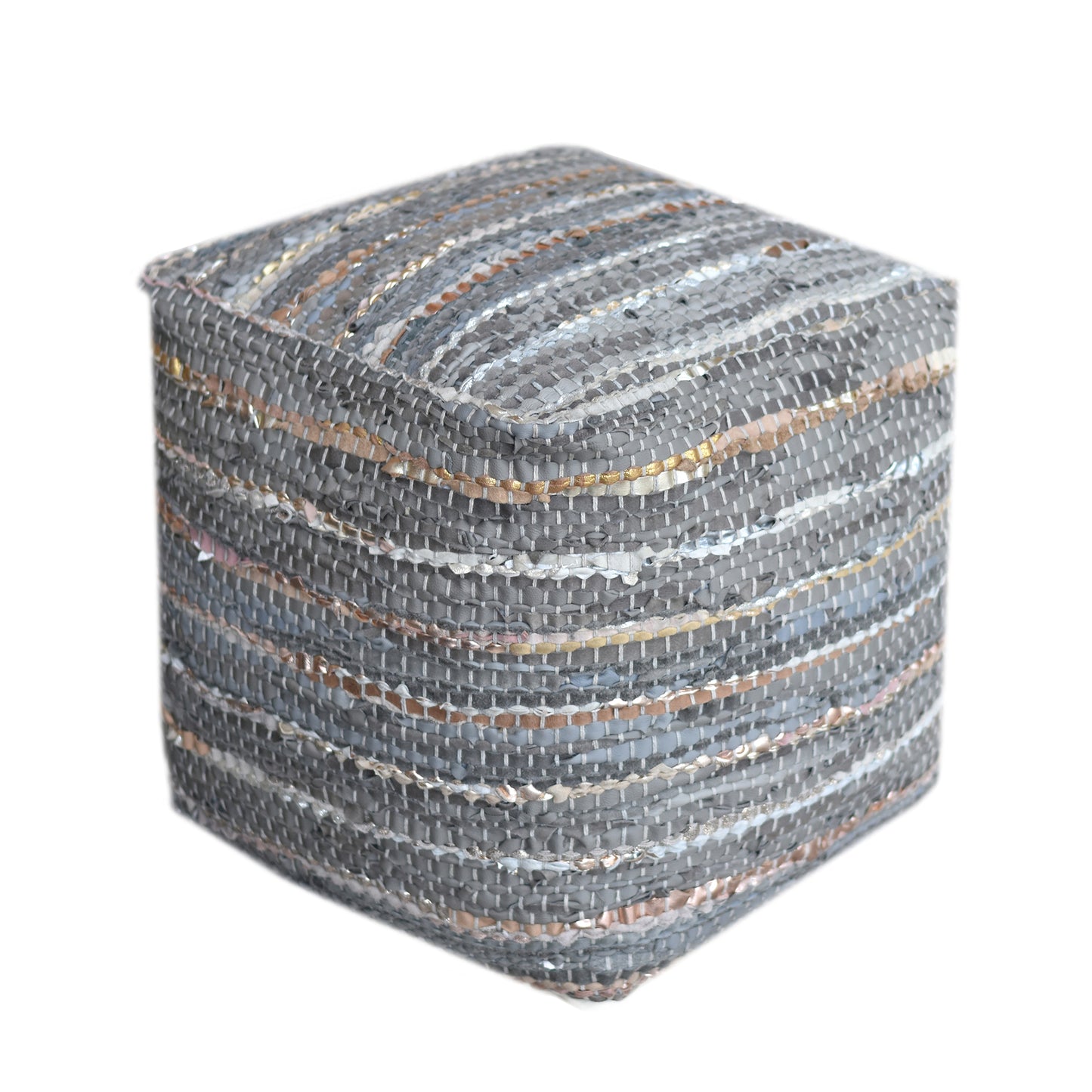 Ayana Pouf, Leather, Pu, Grey, Pitloom, Flat Weave
