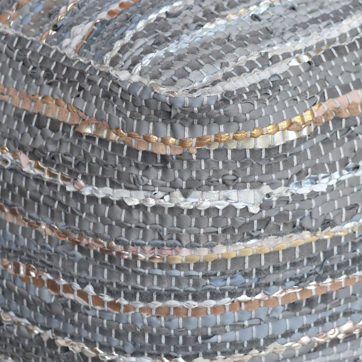 Ayana Pouf, Leather, Pu, Grey, Pitloom, Flat Weave
