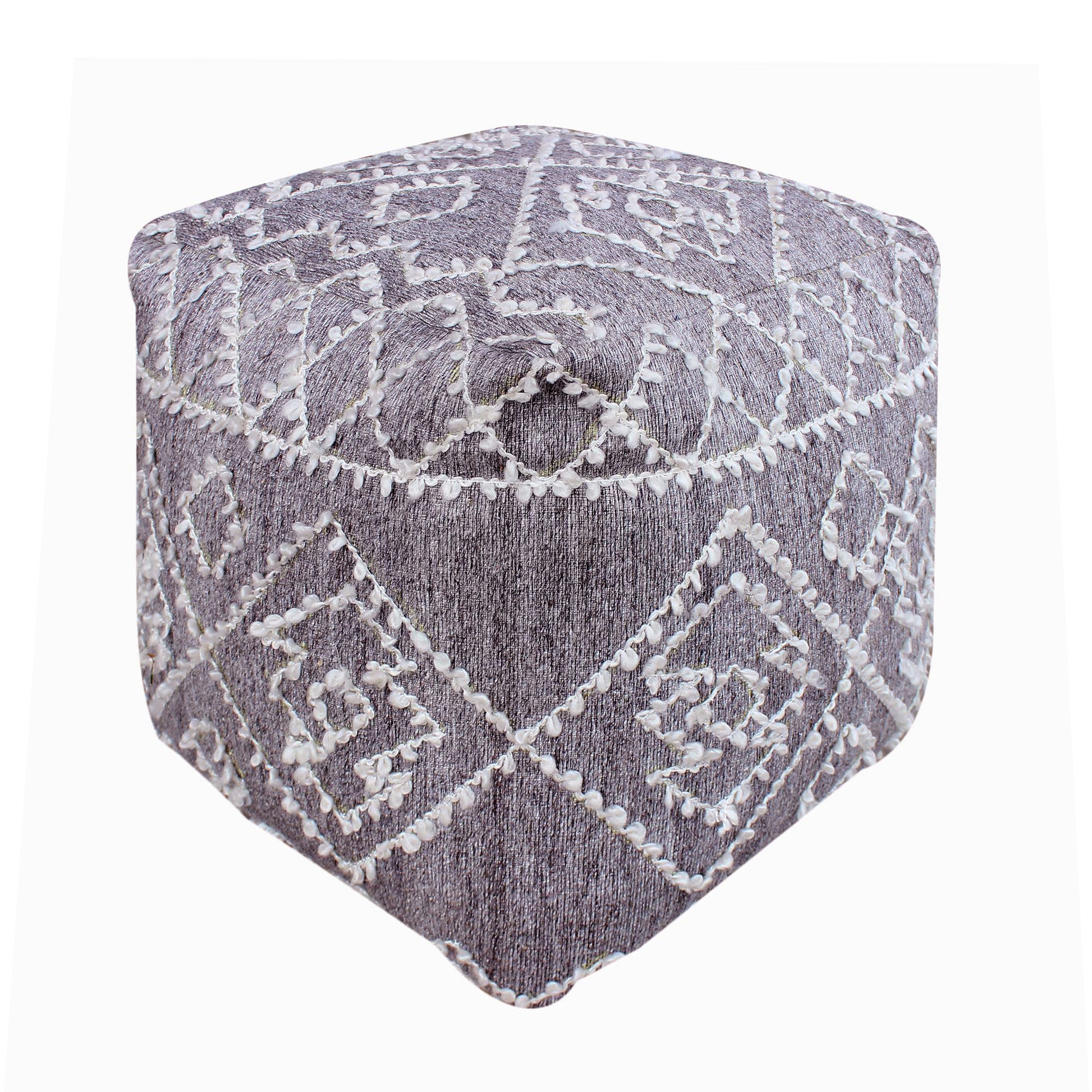 Badden Pouf, Wool, Viscose, Pet, Taupe, Jaquard Durry, Flat Weave