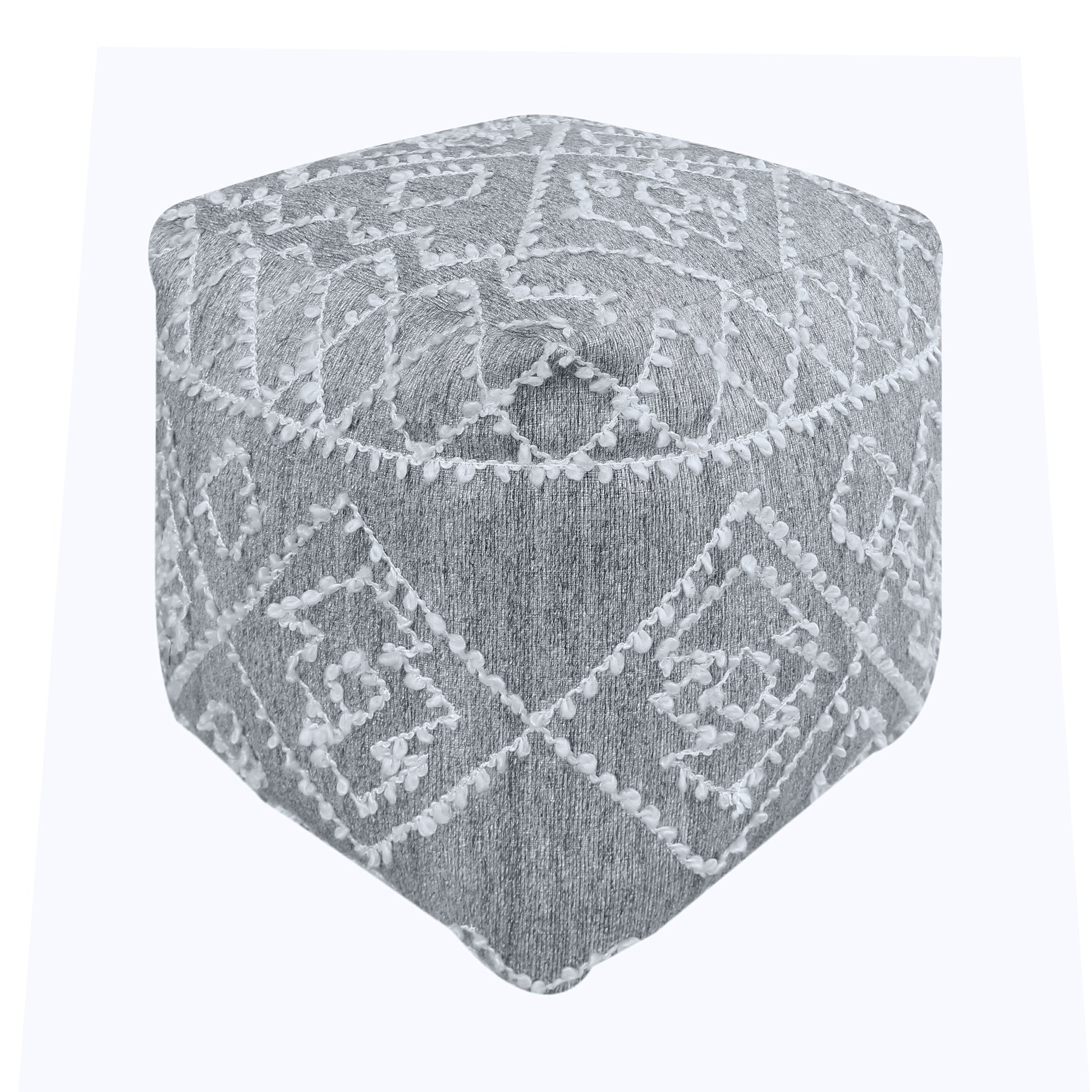 Badden Pouf, Wool, Viscose, Pet, Silver, Jaquard Durry, Flat Weave