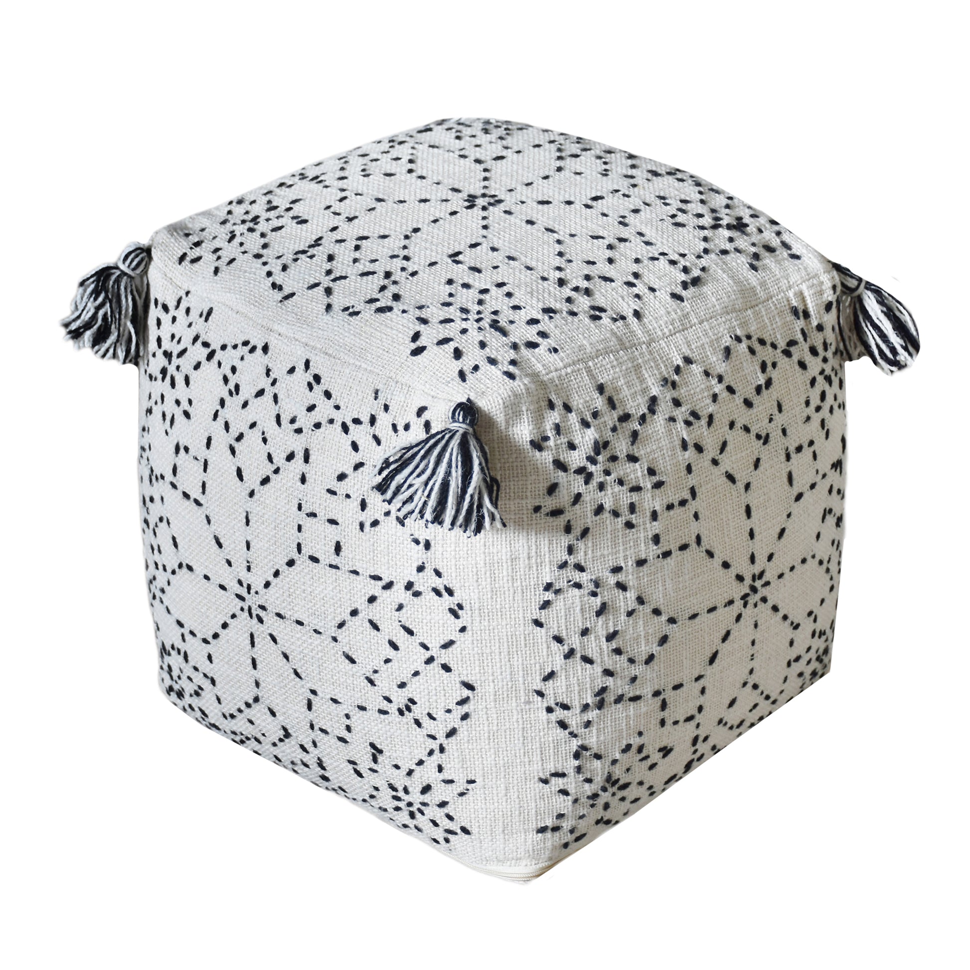 Banbury Pouf, Cotton, Wool, Natural White, Charcoal
