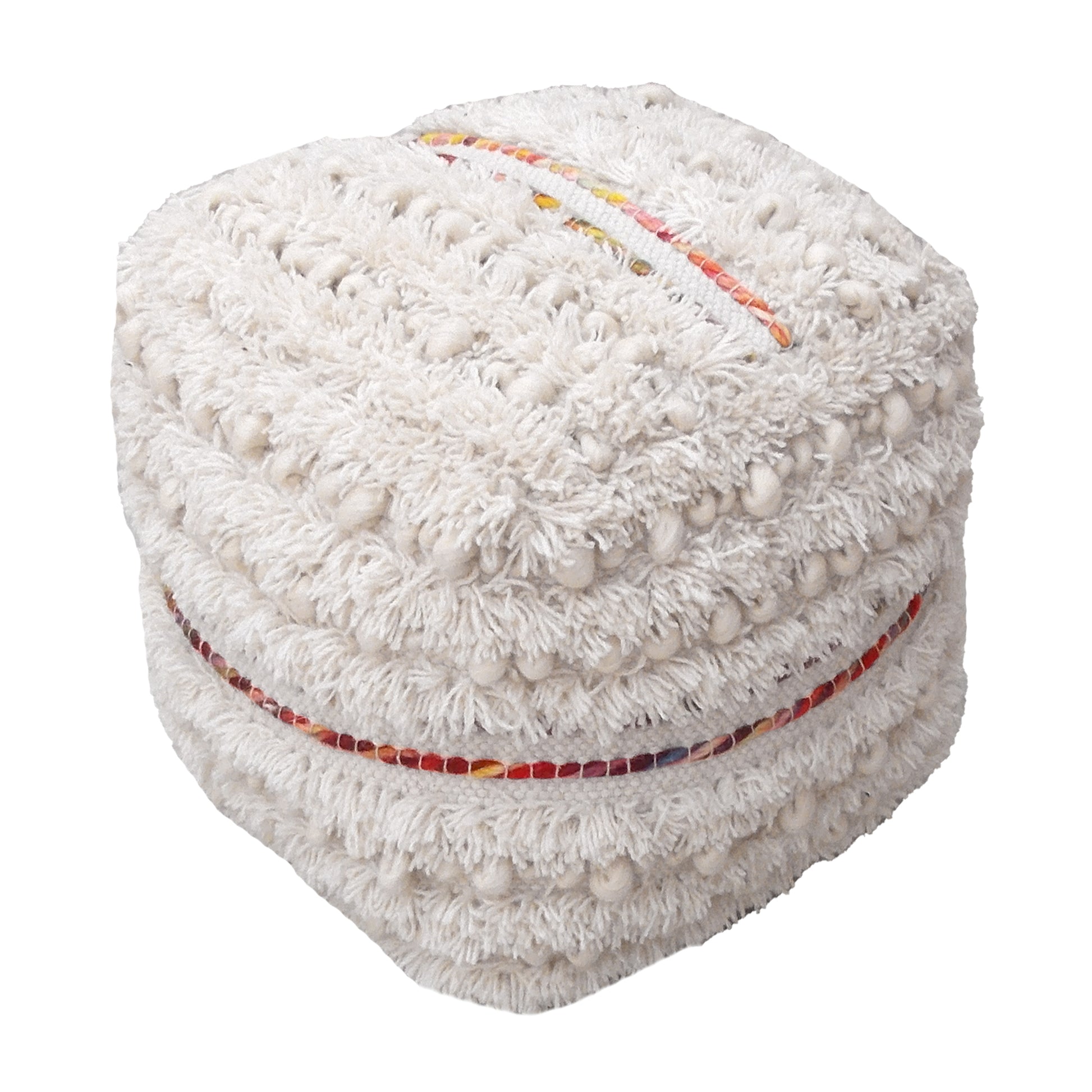 Berri Pouf, Wool, Natural White, Multi, Pitloom, Cut And Loop