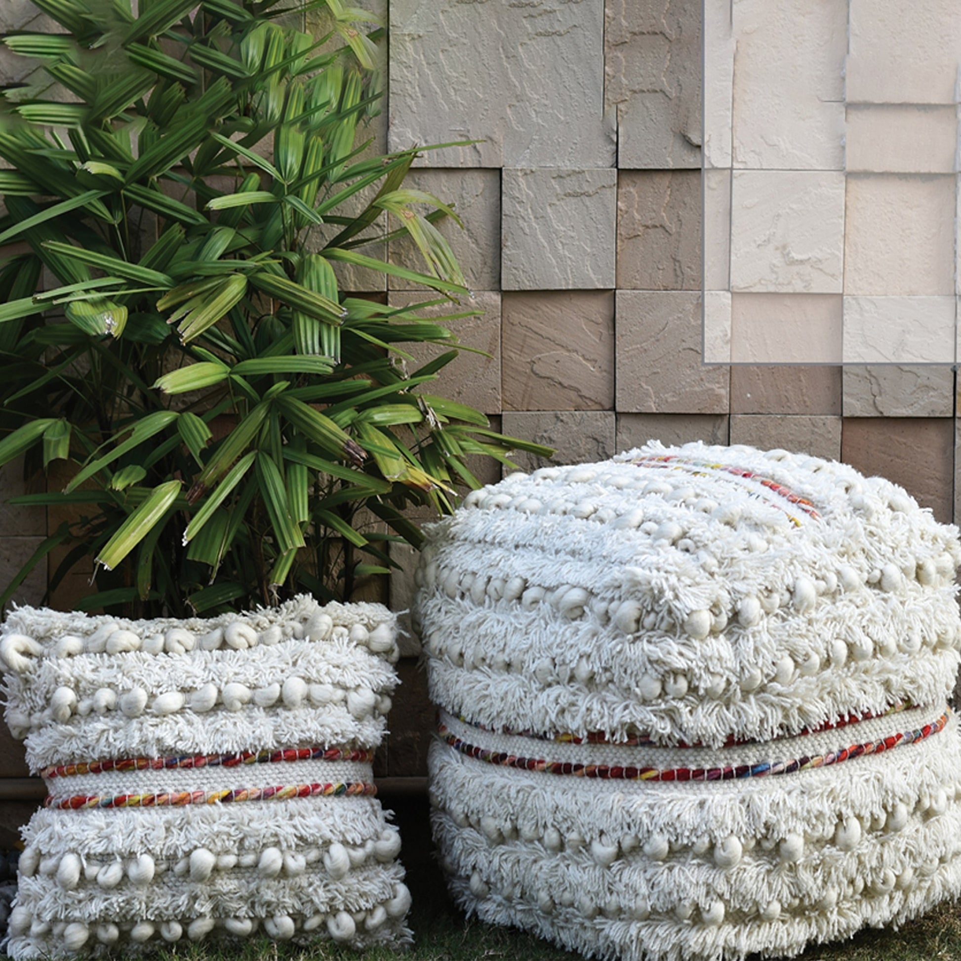 Berri Pouf, Wool, Natural White, Multi, Pitloom, Cut And Loop
