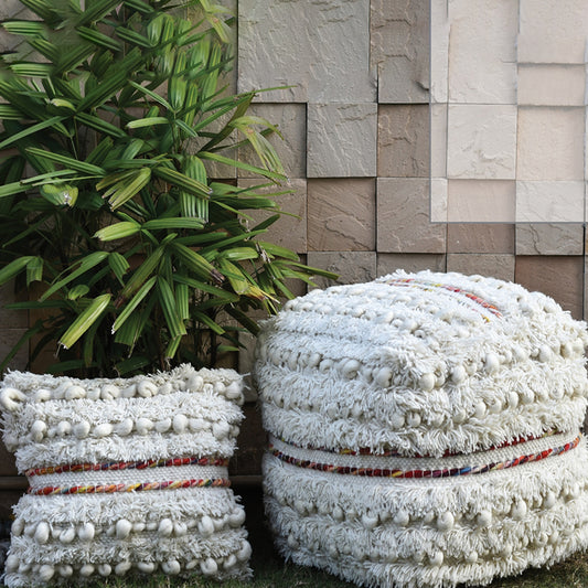 Berri Pouf, Wool, Natural White, Multi, Pitloom, Cut And Loop
