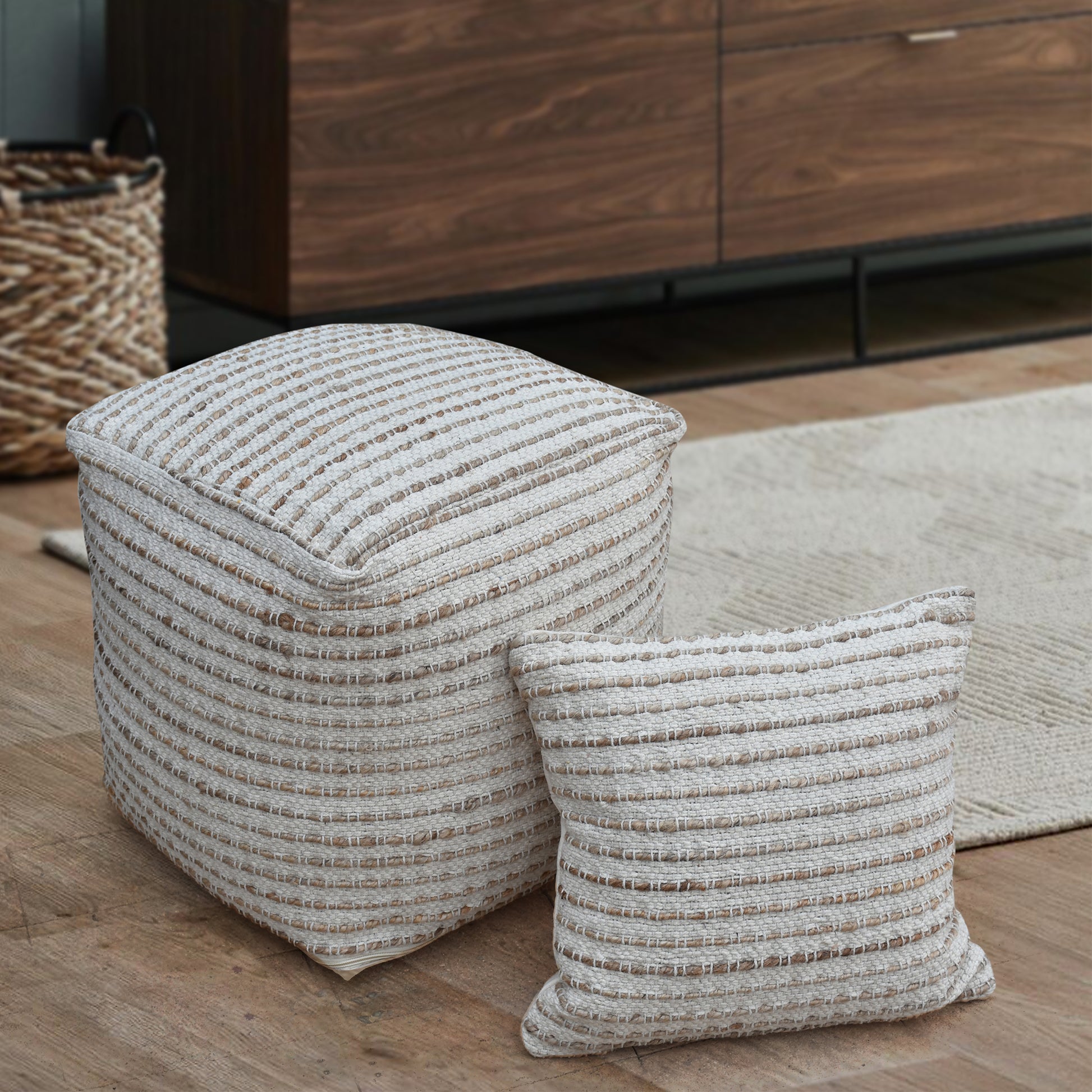 Blancos Pouf, Hemp, Cotton, Natural, Pitloom, Flat Weave