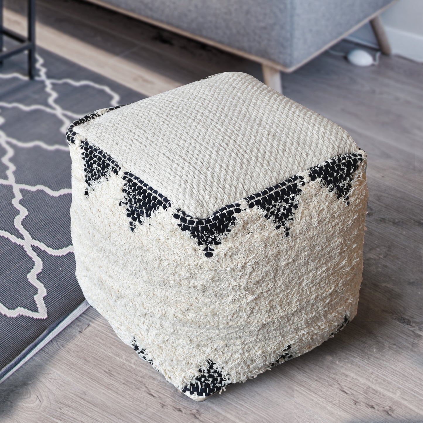 Calif Pouf, Recycled Cotton, Natural White, Charcoal, Pitloom, Flat Weave