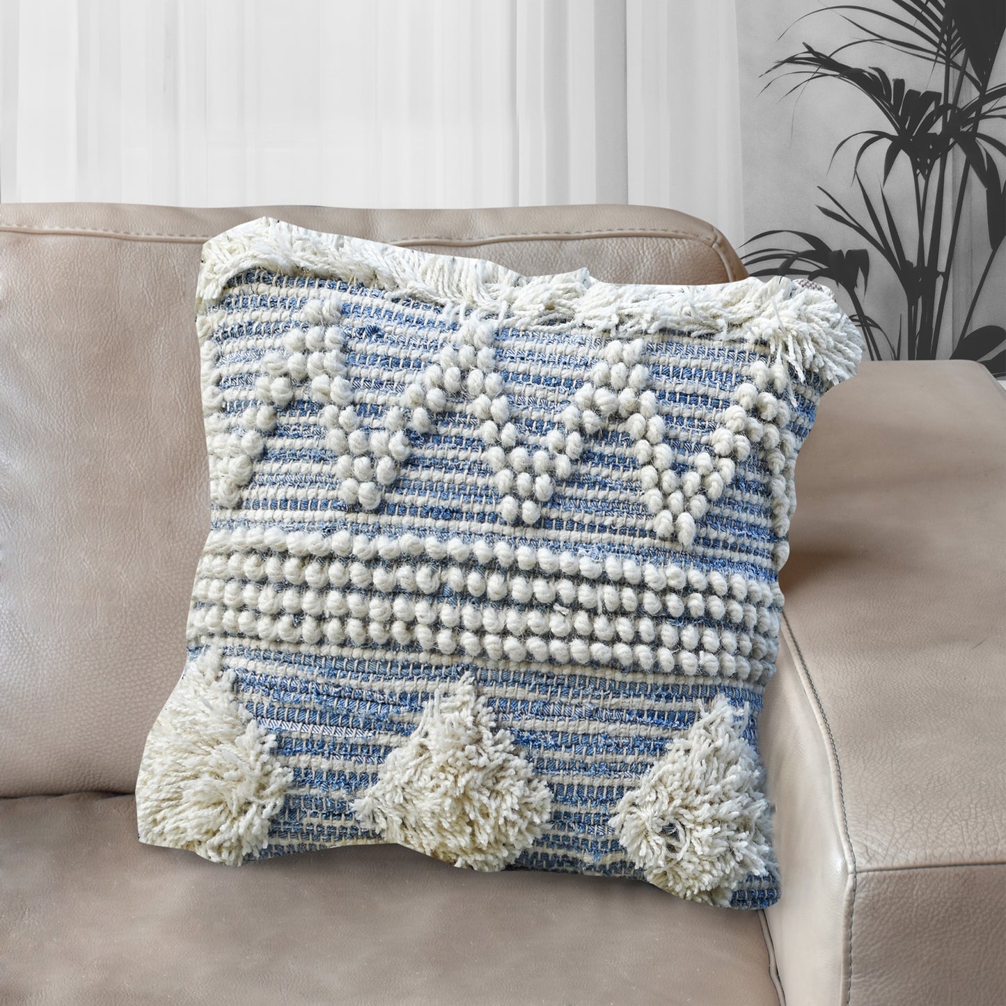 Corvus Pillow, Denim, Wool, Natural White, Blue