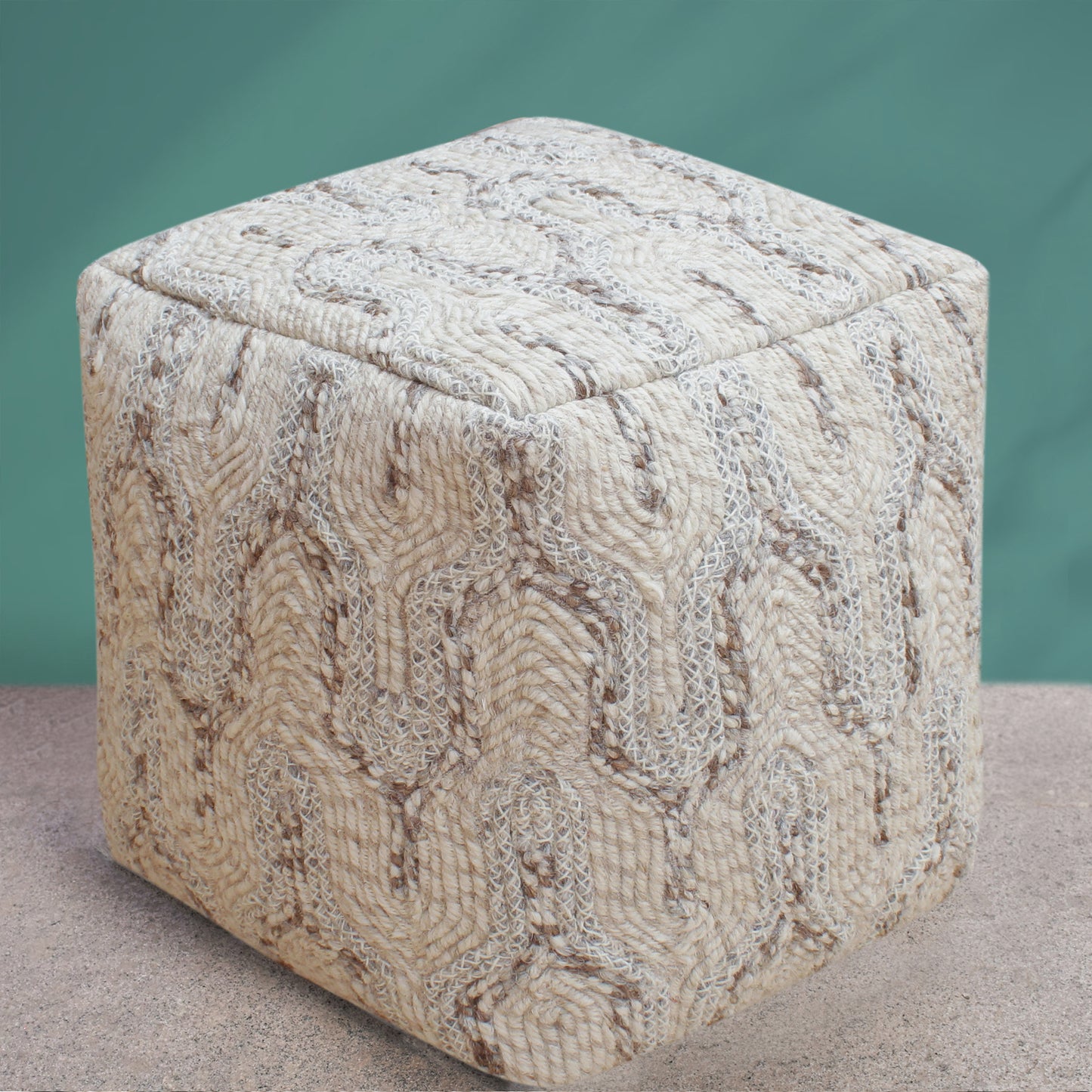 Dolen Pouf, Wool, Natural White, Grey, Hm Stitching, Flat Weave