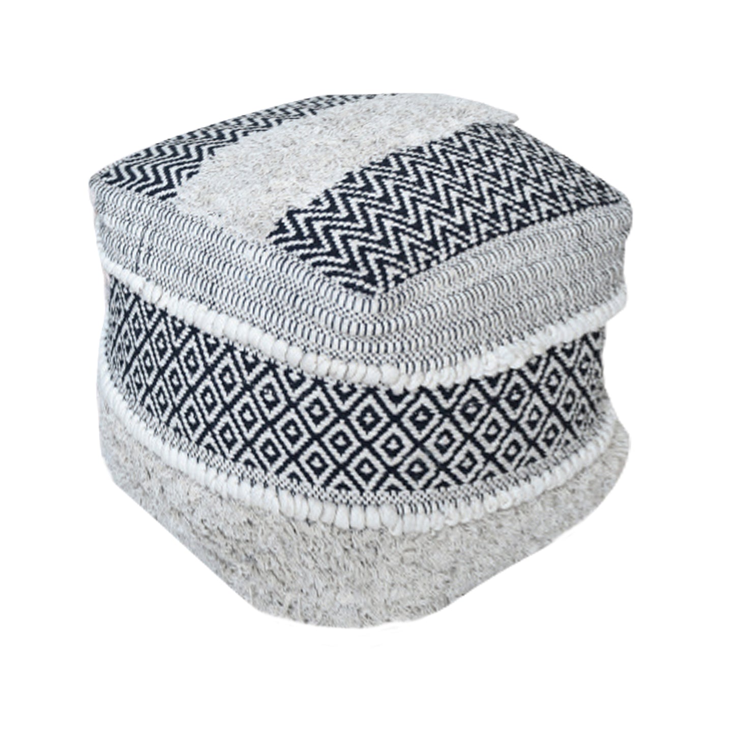 Ekali Pouf, Cotton, Natural White, Charcoal, HANDWOVEN / ALL CUT