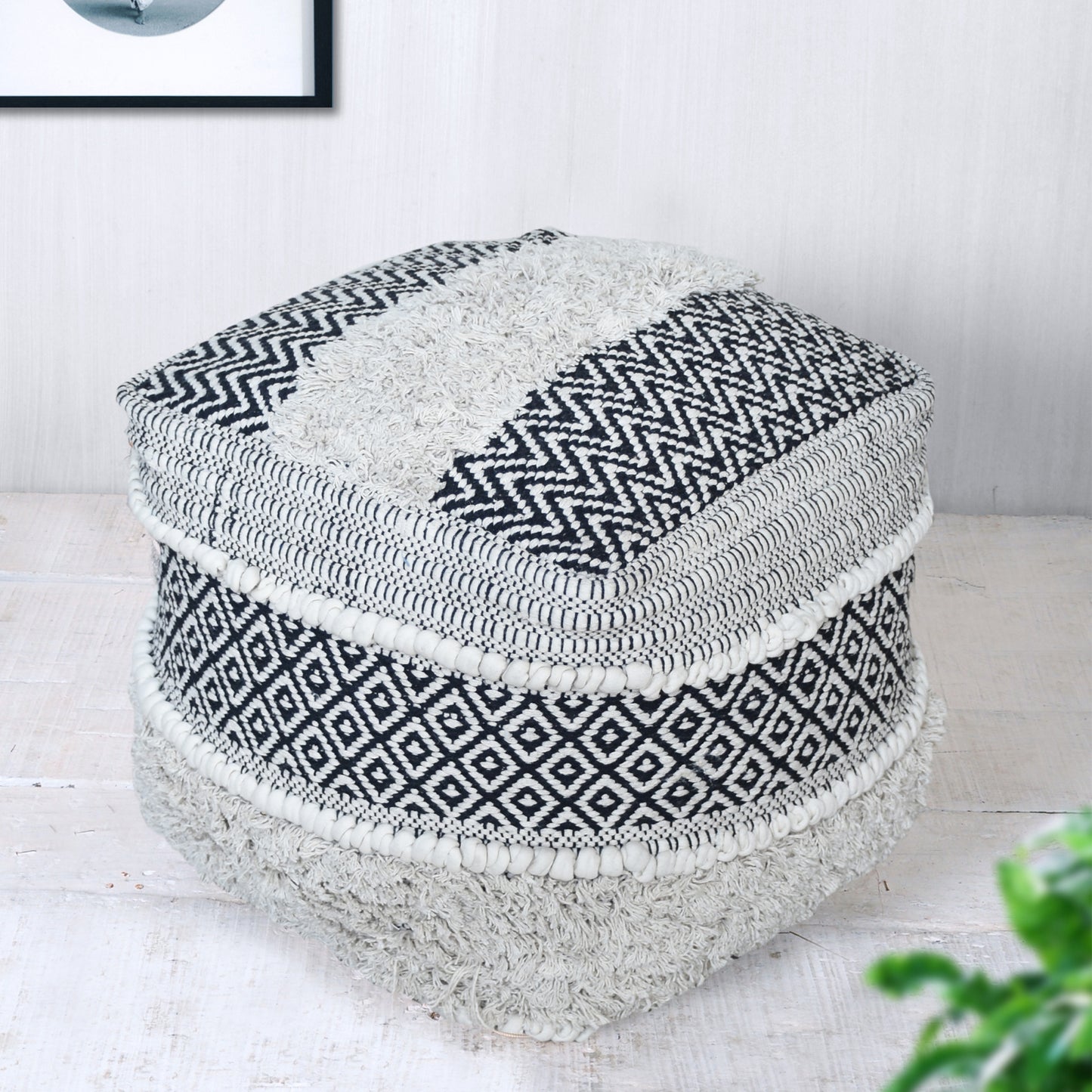 Ekali Pouf, Cotton, Natural White, Charcoal, HANDWOVEN / ALL CUT
