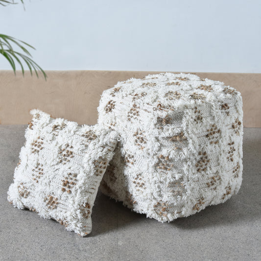 Elara Pouf, Wool, Hemp, Natural, Natural White, Pitloom, Cut And Loop