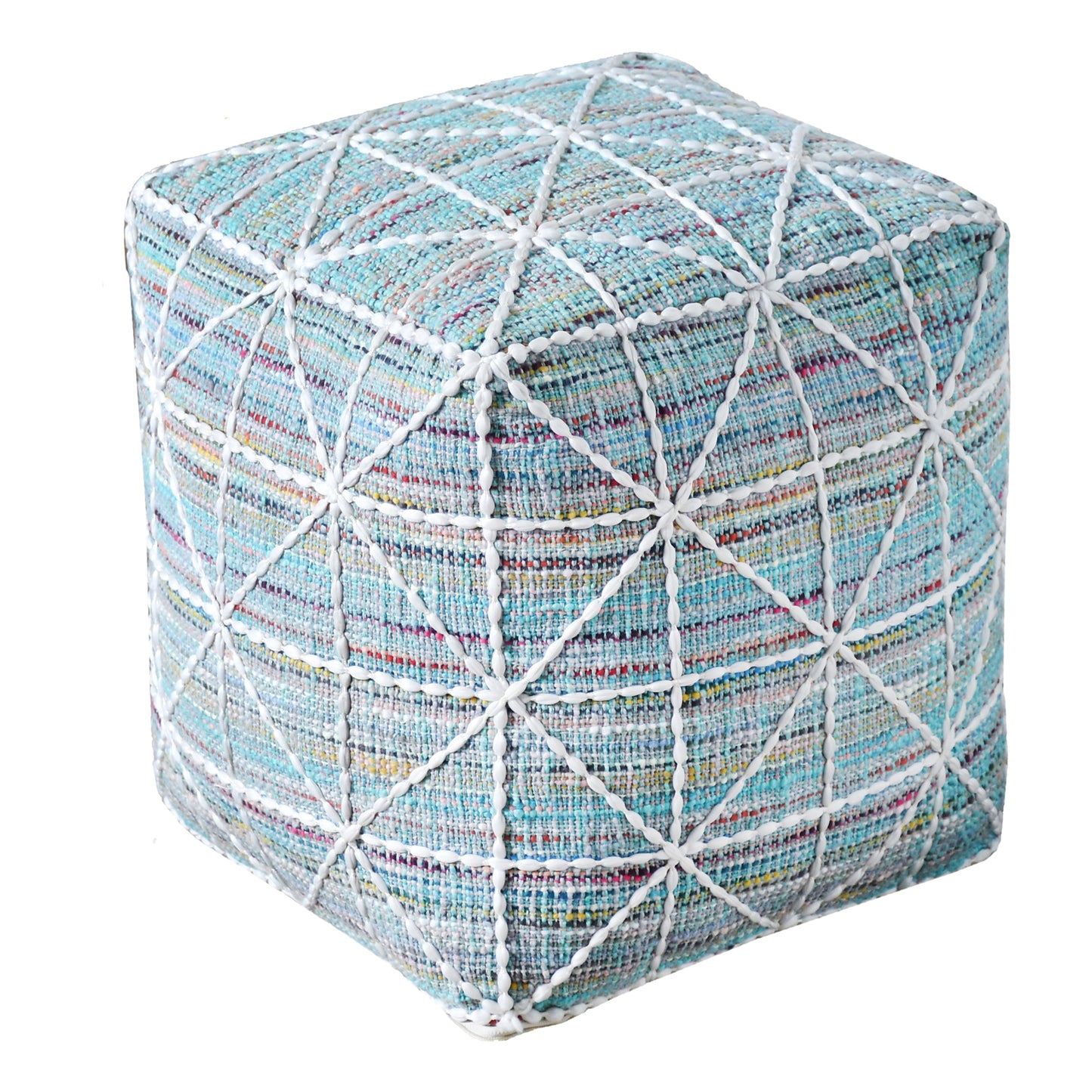 Ferry Pouf, Cotton, Polyester, Aqua, Hand woven, Flat Weave