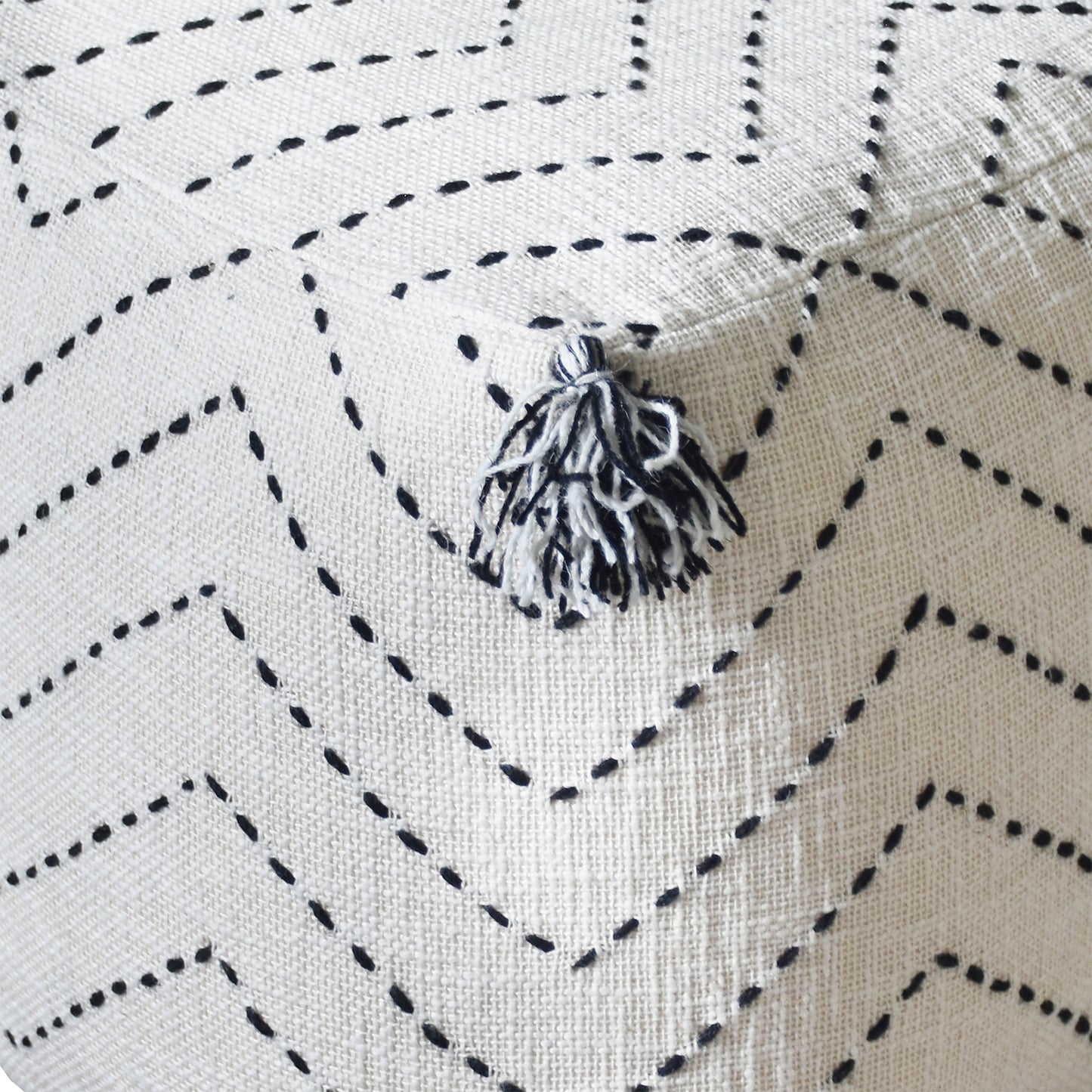Frissell Pouf, Cotton, Wool, Natural White, Charcoal, Hm Stitching, Flat Weave