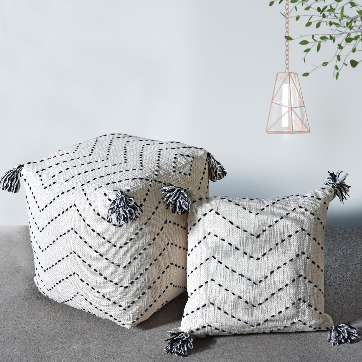 Frissell Pouf, Cotton, Wool, Natural White, Charcoal, Hm Stitching, Flat Weave