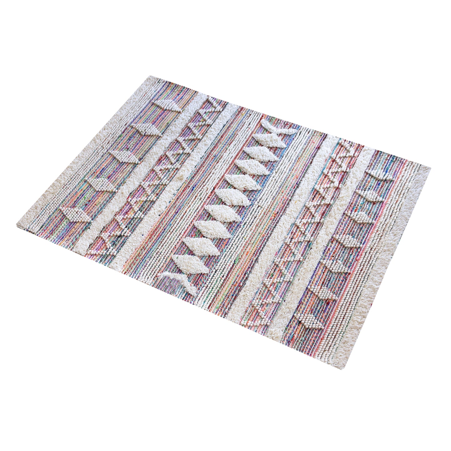 Area Rug, Bedroom Rug, Living Room Rug, Living Area Rug, Indian Rug, Office Carpet, Office Rug, Shop Rug Online, Wool, Recycled Fabric, Multi, Natural White, Pitloom, Cut And Loop, Geometrical