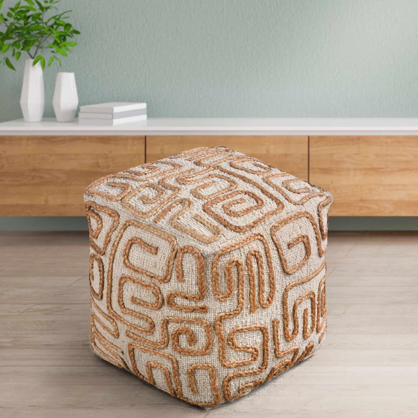 Jordyn Pouf, Wool, Jute, Natural, Natural White, Hand woven, All Loop
