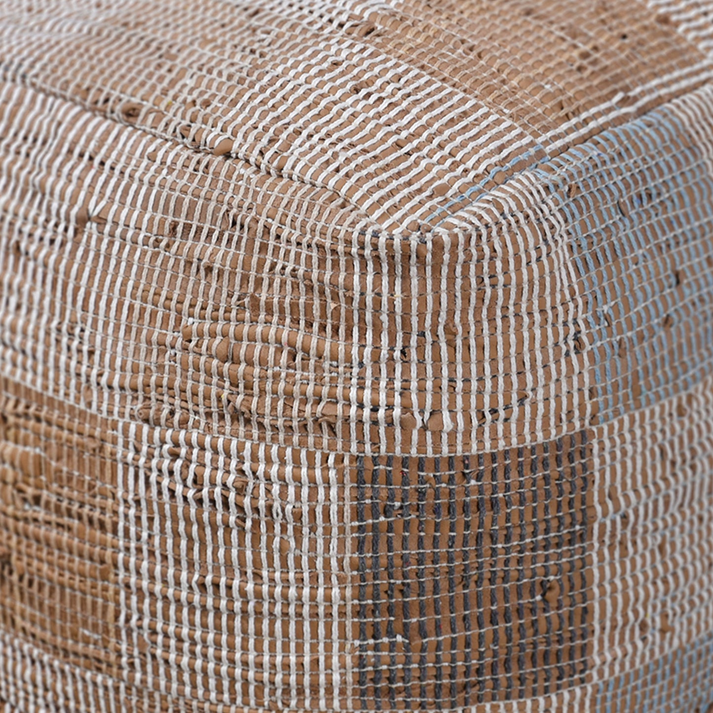 Keller Pouf, Leather, Beige, Multi, Pitloom, Flat Weave