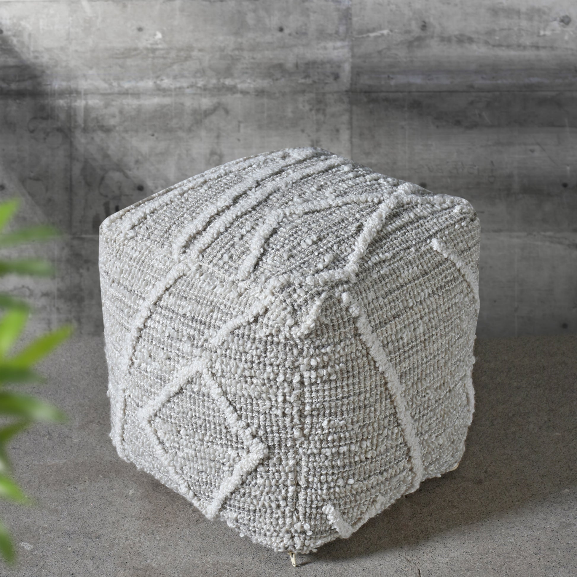 Koga Pouf, Wool, Polyester, Natural White, Grey, Hand woven, All Loop