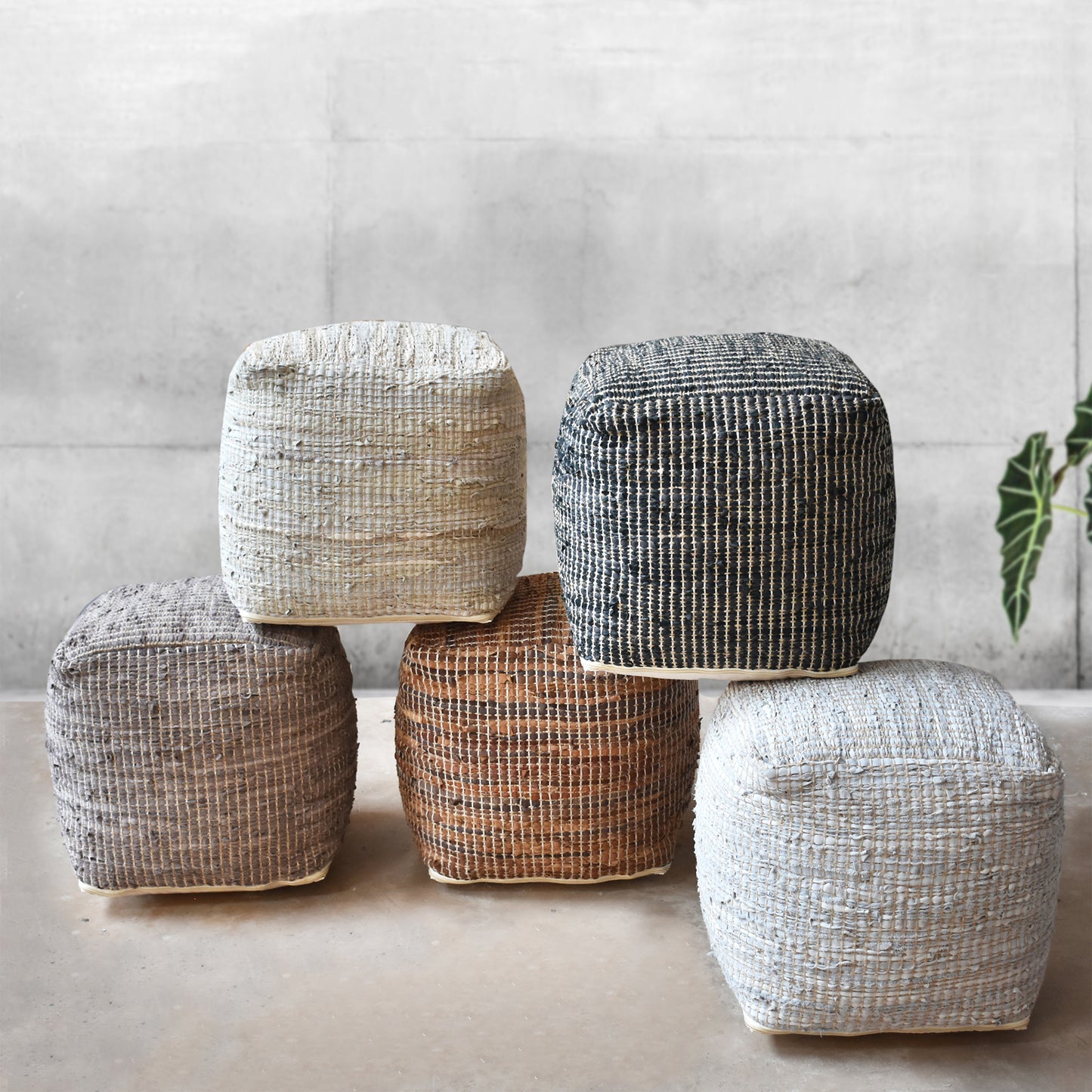 Konya Pouf, Leather, Hemp, Pitloom, Flat Weave