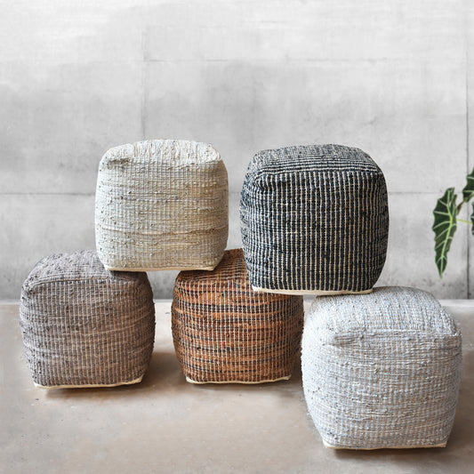 Konya Pouf, Leather, Hemp, Pitloom, Flat Weave