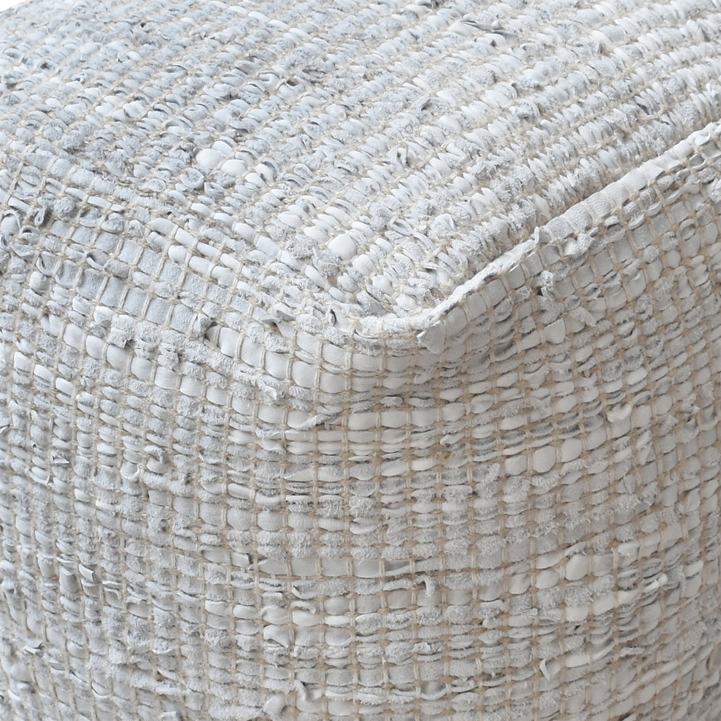 Konya Pouf, Leather, Hemp, Natural White, Pitloom, Flat Weave