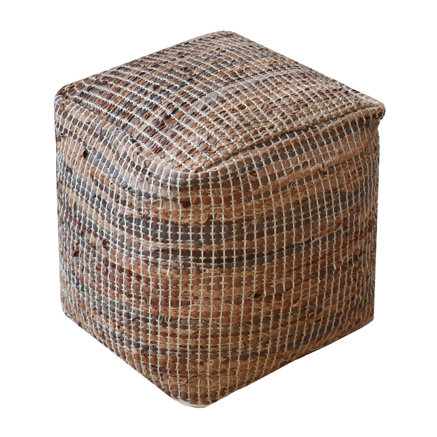 Konya Pouf, Leather, Hemp, Tan, Pitloom, Flat Weave