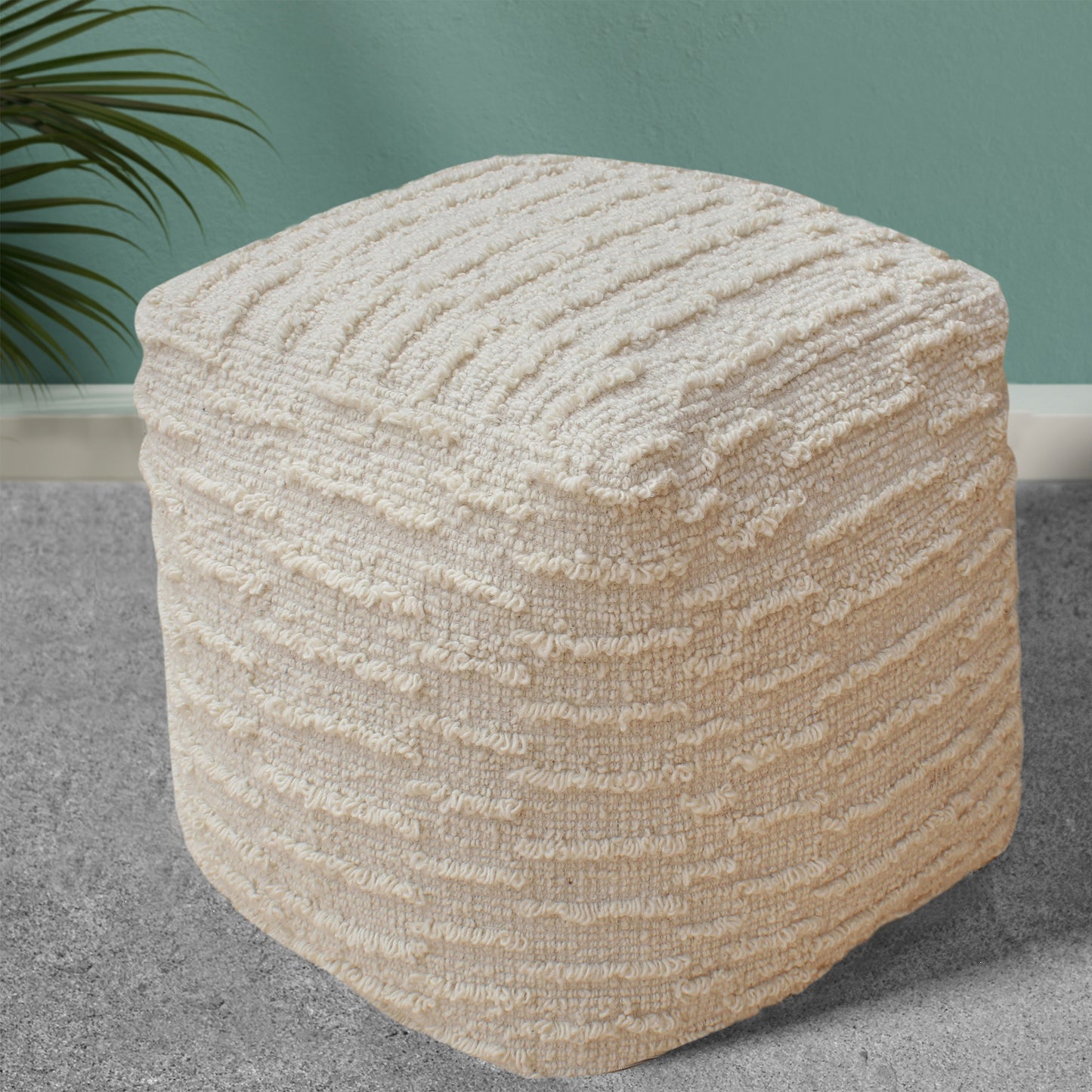Kribul Pouf, Wool, Natural White, Hand woven, All Loop