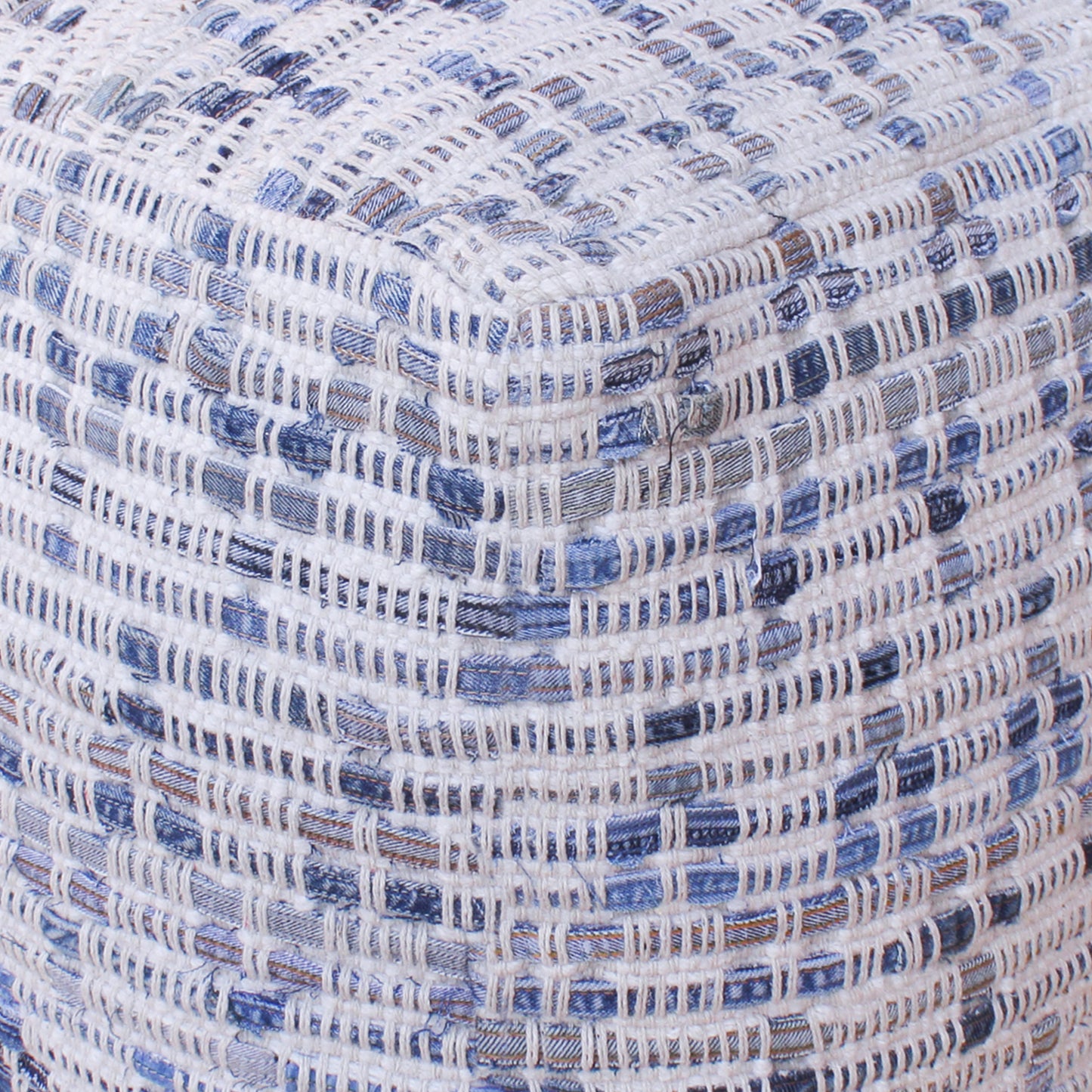 Leshko Pouf, Denim, Wool, Natural White, Blue, Pitloom, Flat Weave