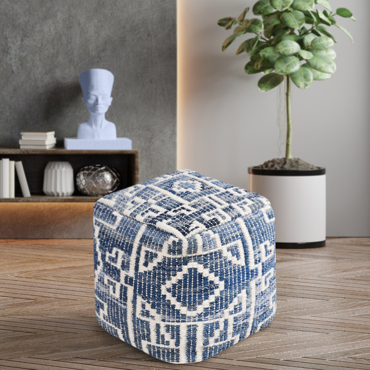 Livigno Pouf, Denim, Wool, Blue, Natural White, Punja, Flat Weave