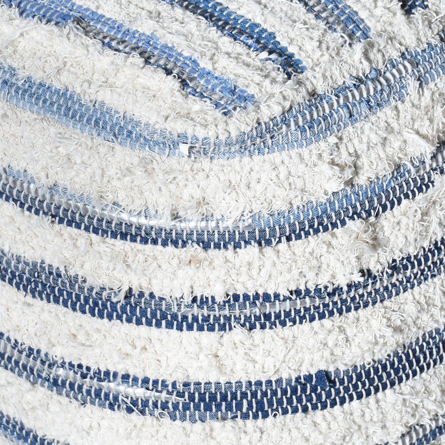 Mayama Pouf, Recycled Denim, Cotton, Rexine, Natural White,Blue, Pitloom, Flat Weave