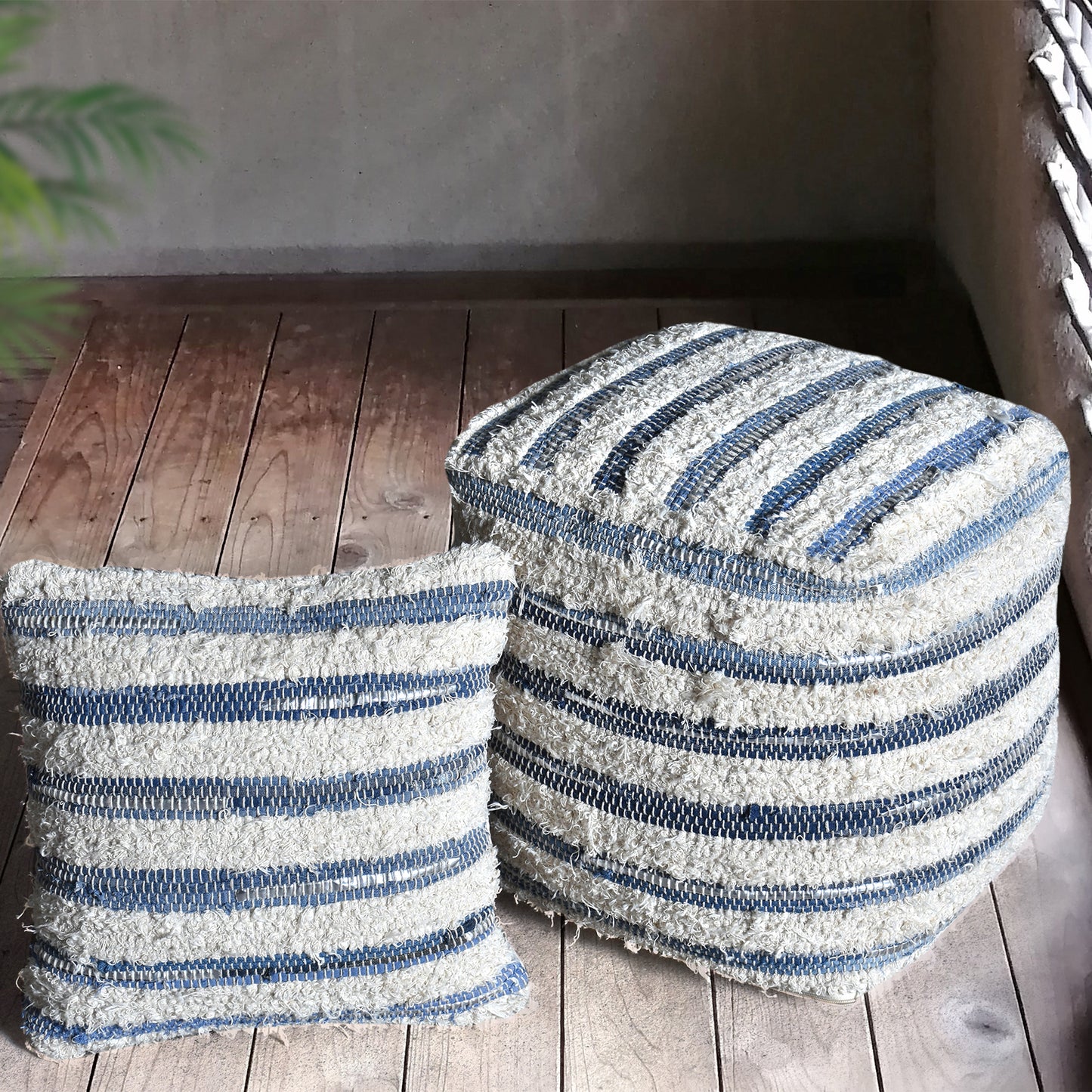 Mayama Pouf, Recycled Denim, Cotton, Rexine, Natural White,Blue, Pitloom, Flat Weave