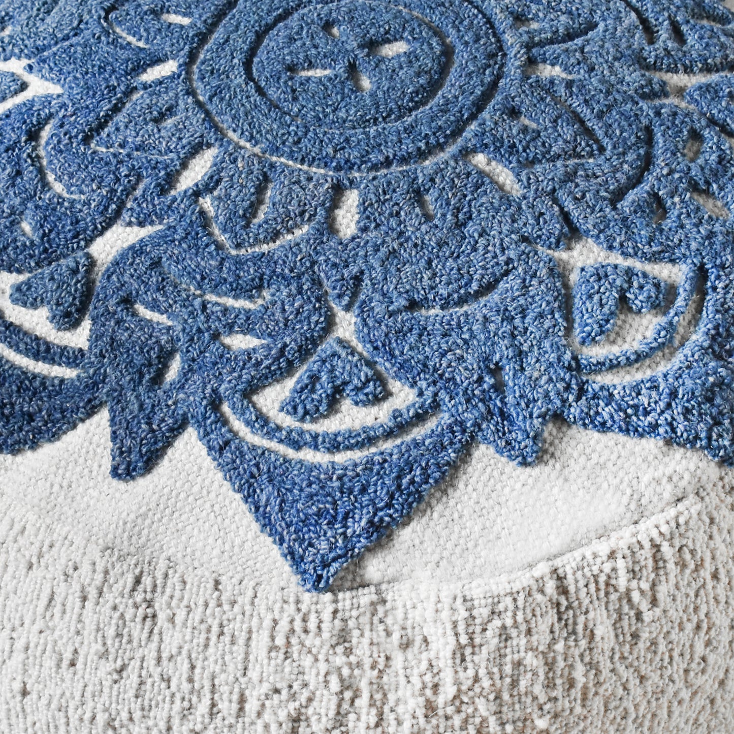 Miura Pouf, Wool, Natural White, Blue, Hand woven, All Loop
