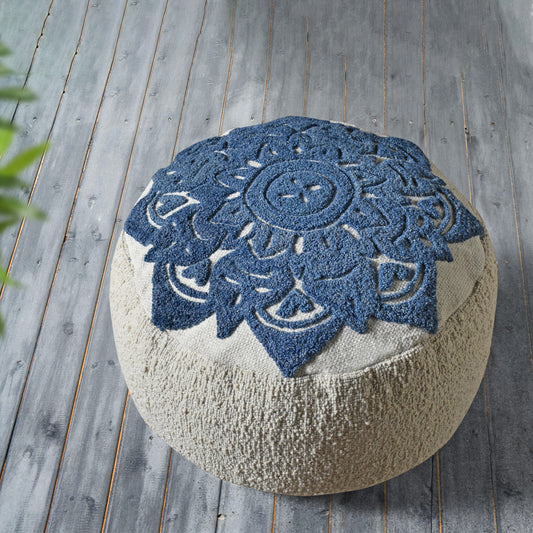 Miura Pouf, Wool, Natural White, Blue, Hand woven, All Loop