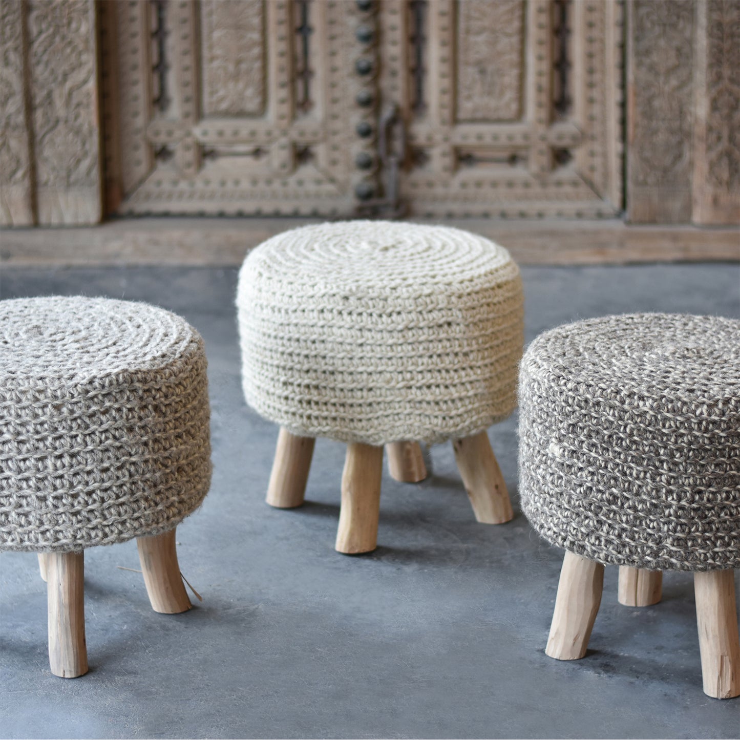 Montana Round Stool, Wool, Hm Knitted, Flat Weave