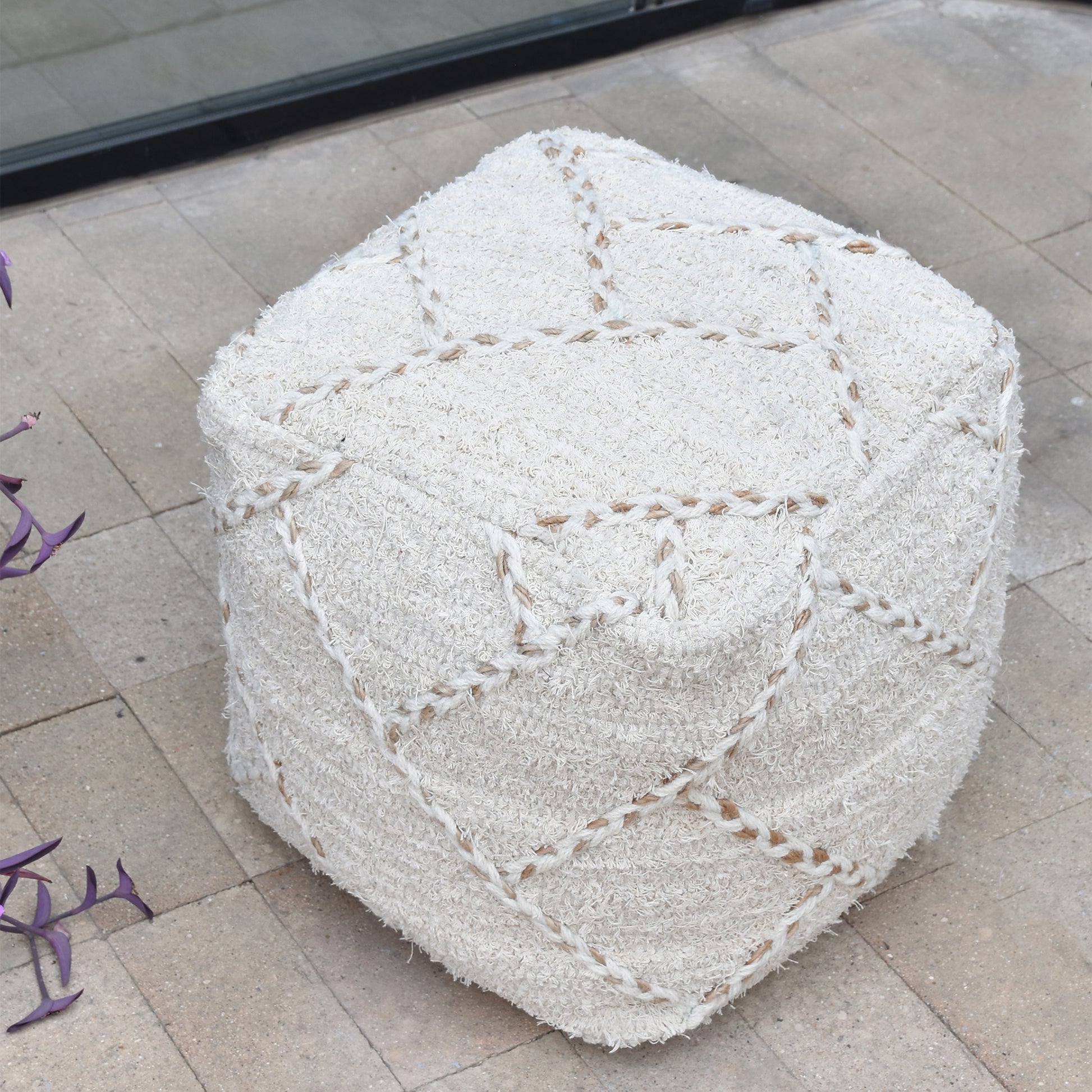 Morabito Pouf, Cotton, Hemp, Wool, Natural,Natural White, Pitloom, Flat Weave