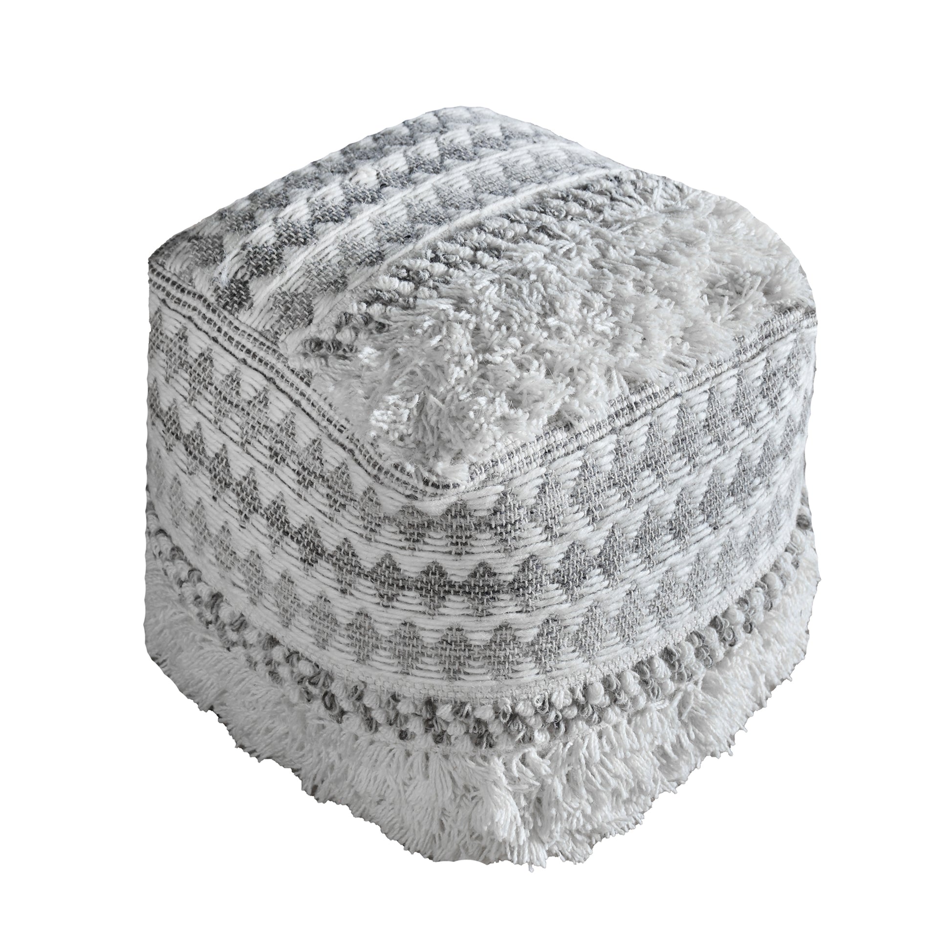 Obidos Pouf, Wool, Cotton, Natural White,Grey, Pitloom, Cut And Loop