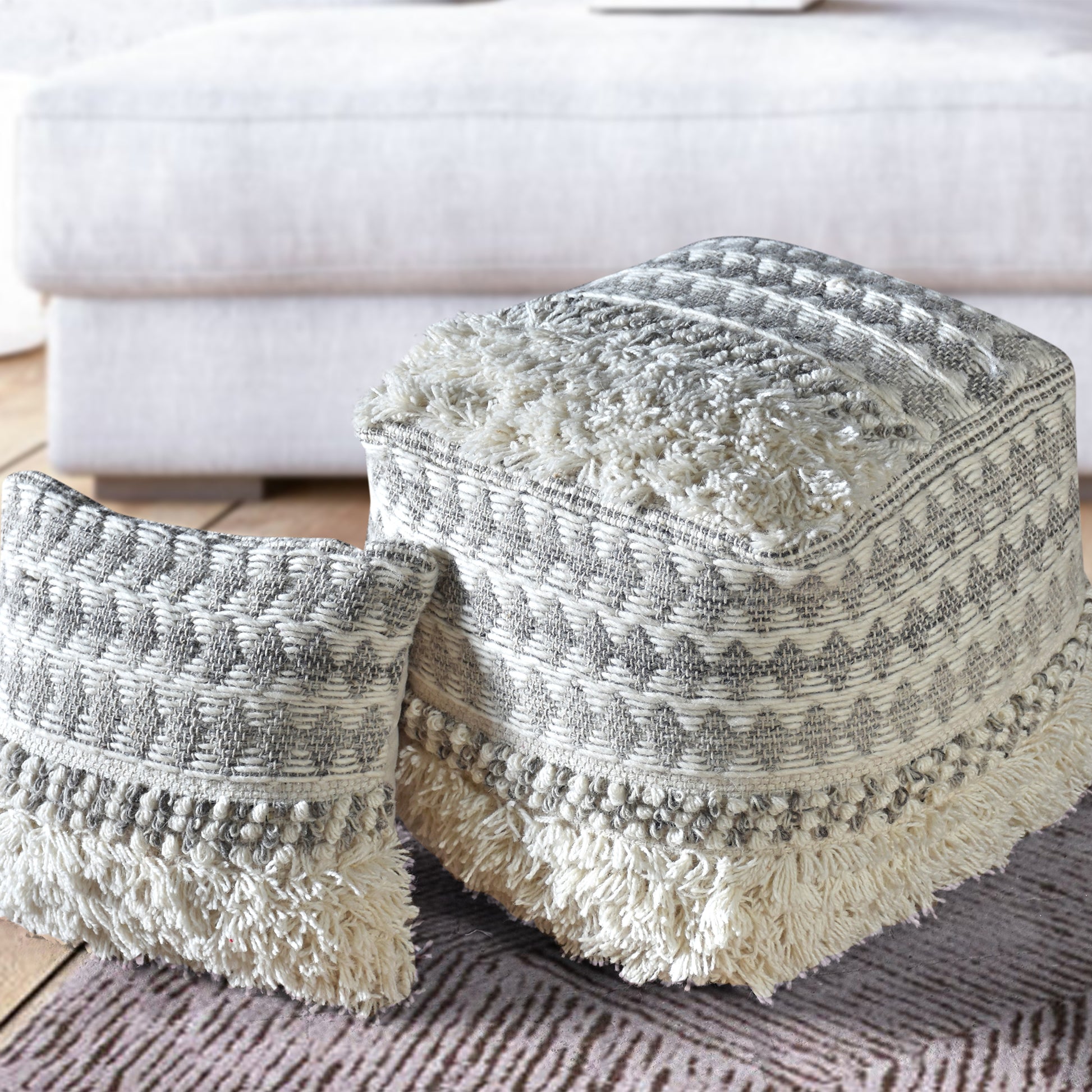 Obidos Pouf, Wool, Cotton, Natural White,Grey, Pitloom, Cut And Loop
