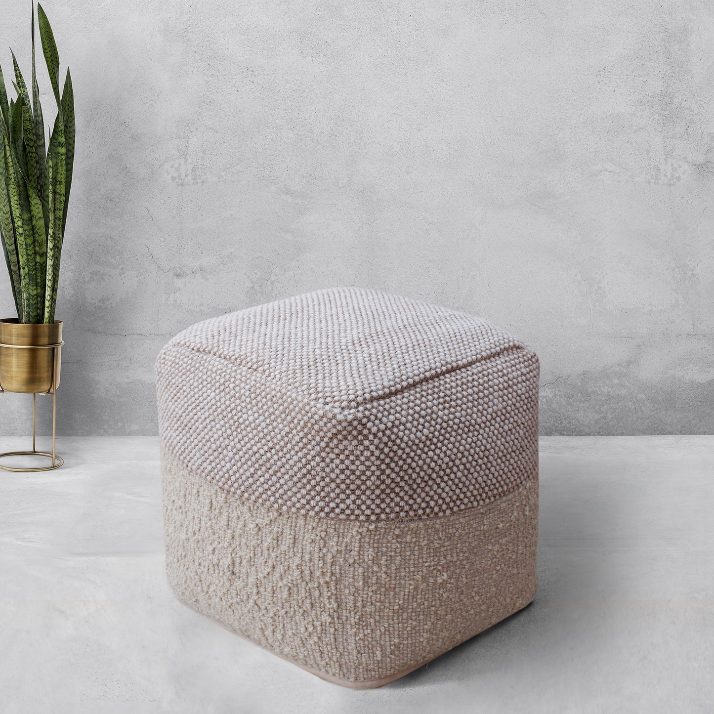 Orsis Pouf, Wool, Polyester, Natural White, Beige, Hand woven, All Loop