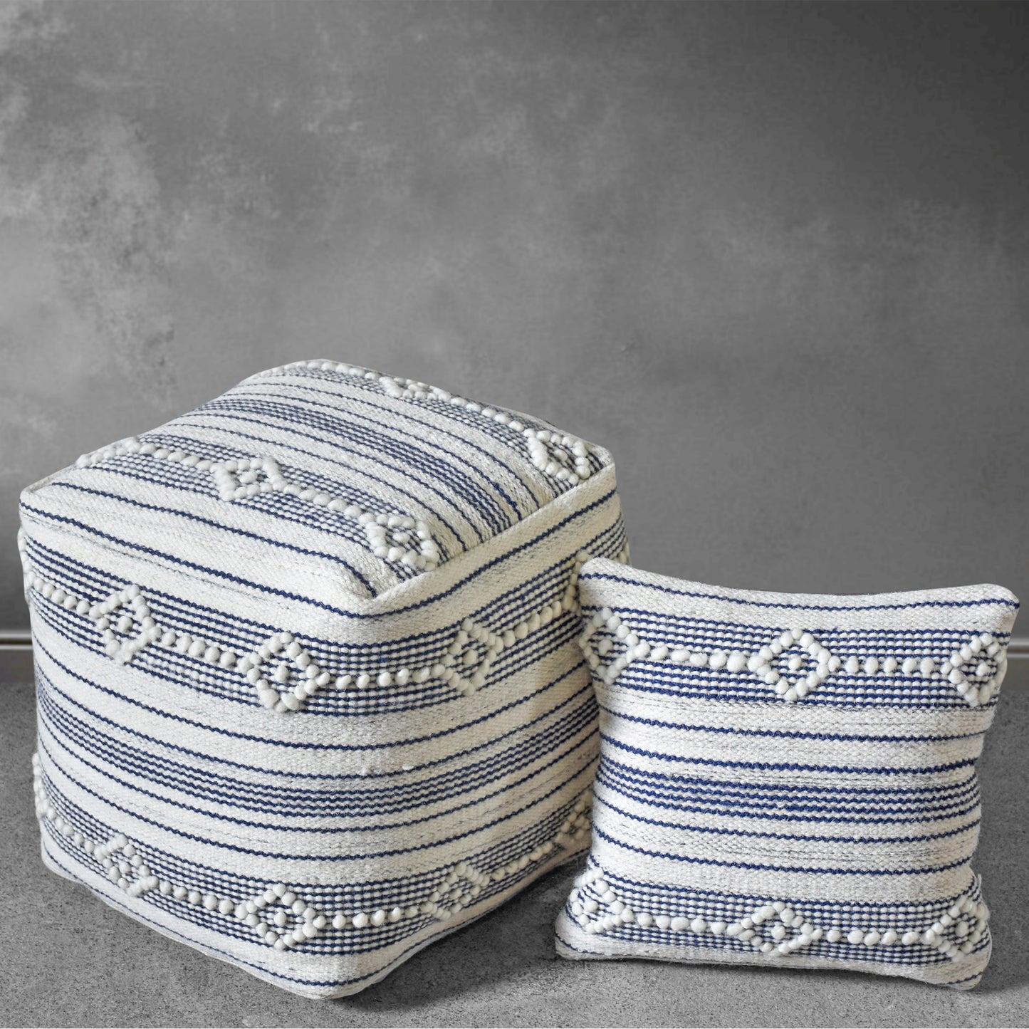 Oster Pouf, Wool, Natural White,Blue, Pitloom, All Loop