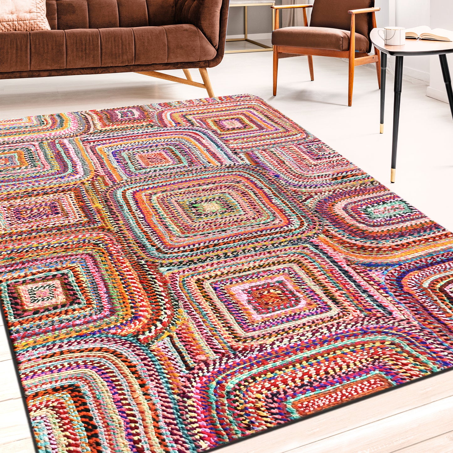 Area Rug, Bedroom Rug, Living Room Rug, Living Area Rug, Indian Rug, Office Carpet, Office Rug, Shop Rug Online, Recycled Fabric, Multi, Hm Stitching, Flat Weave, Geometrical