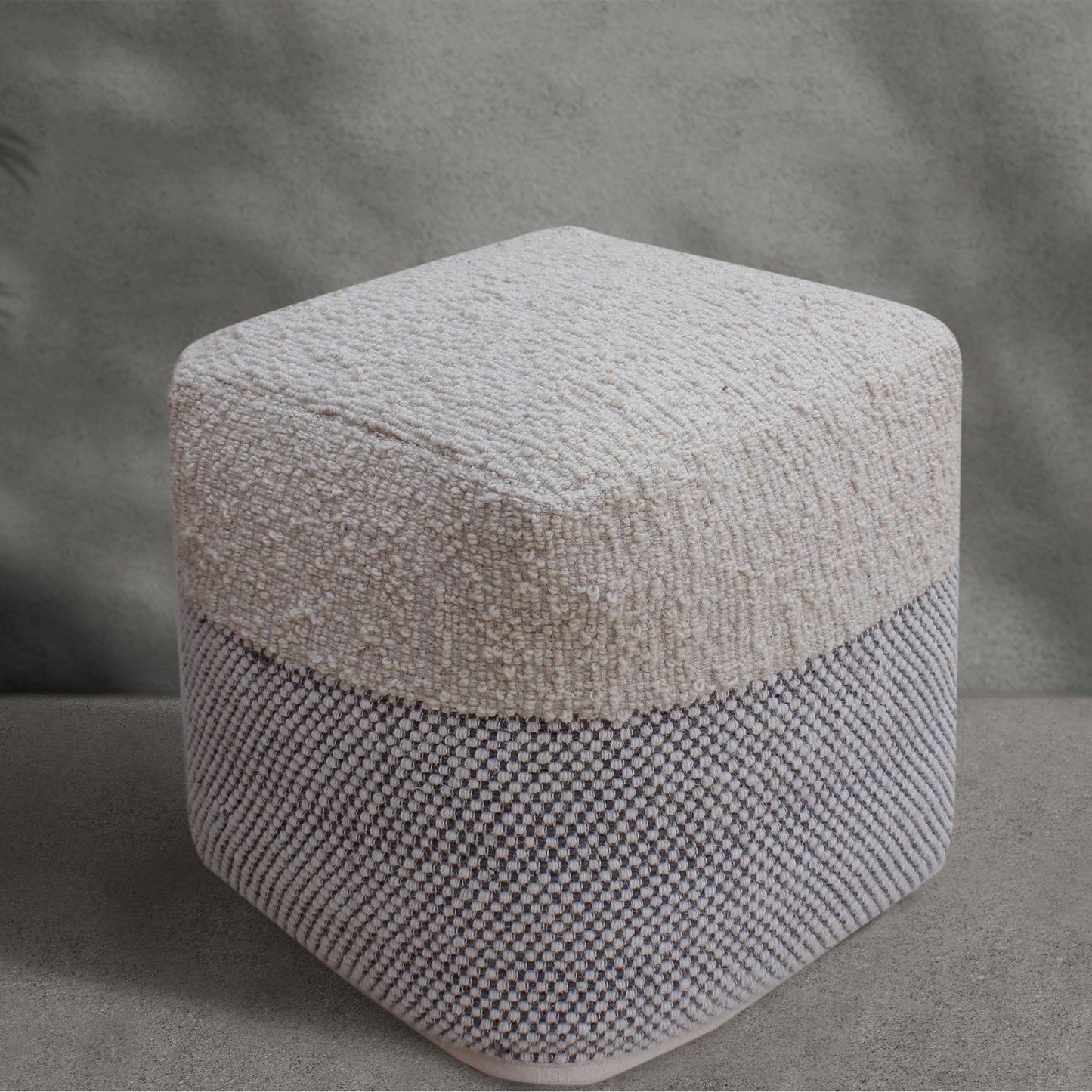 Palus Pouf, Wool, Polyester, Natural White, Grey, Hand woven, All Loop