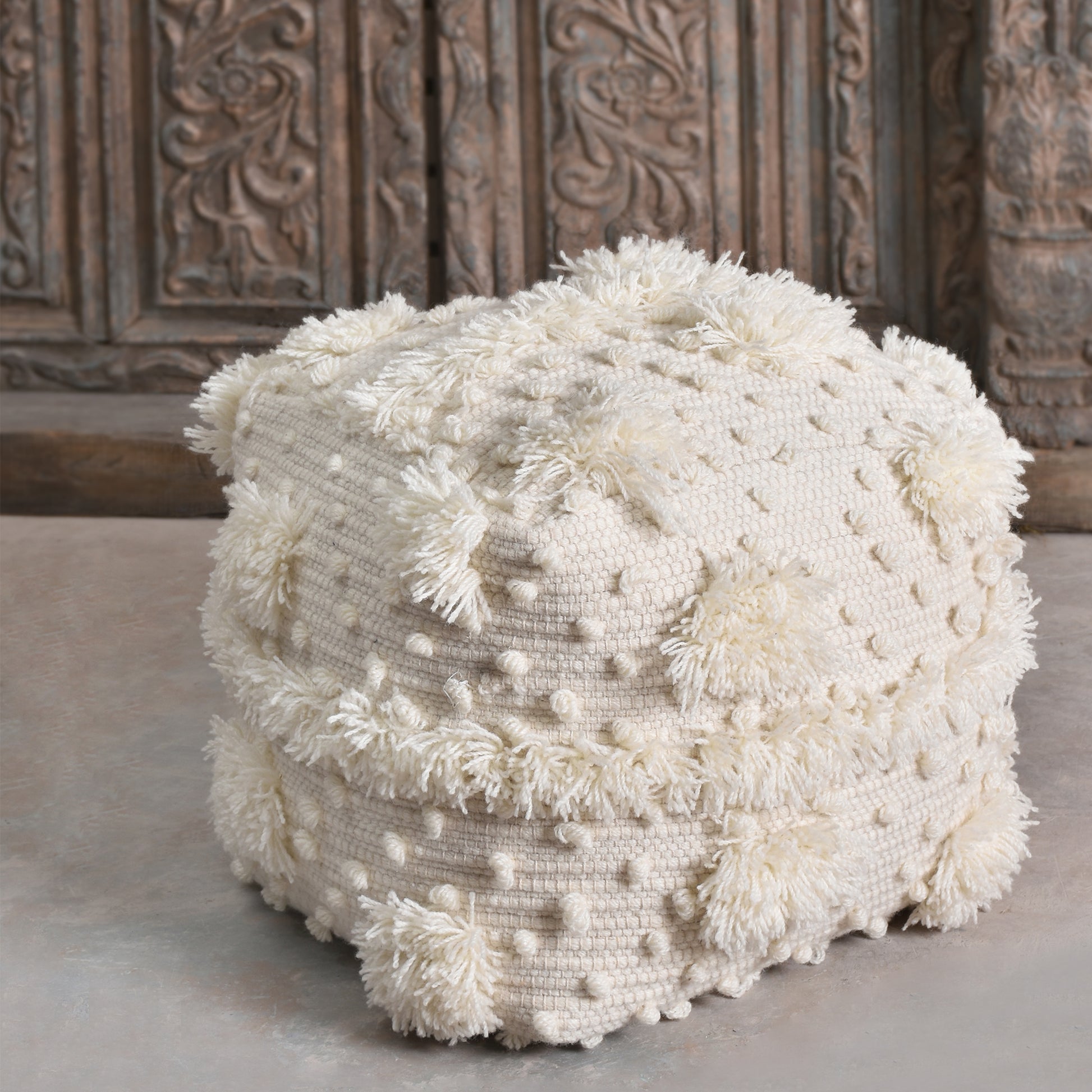 Parkin Pouf, Nz Wool, Natural White, Pitloom, Cut And Loop