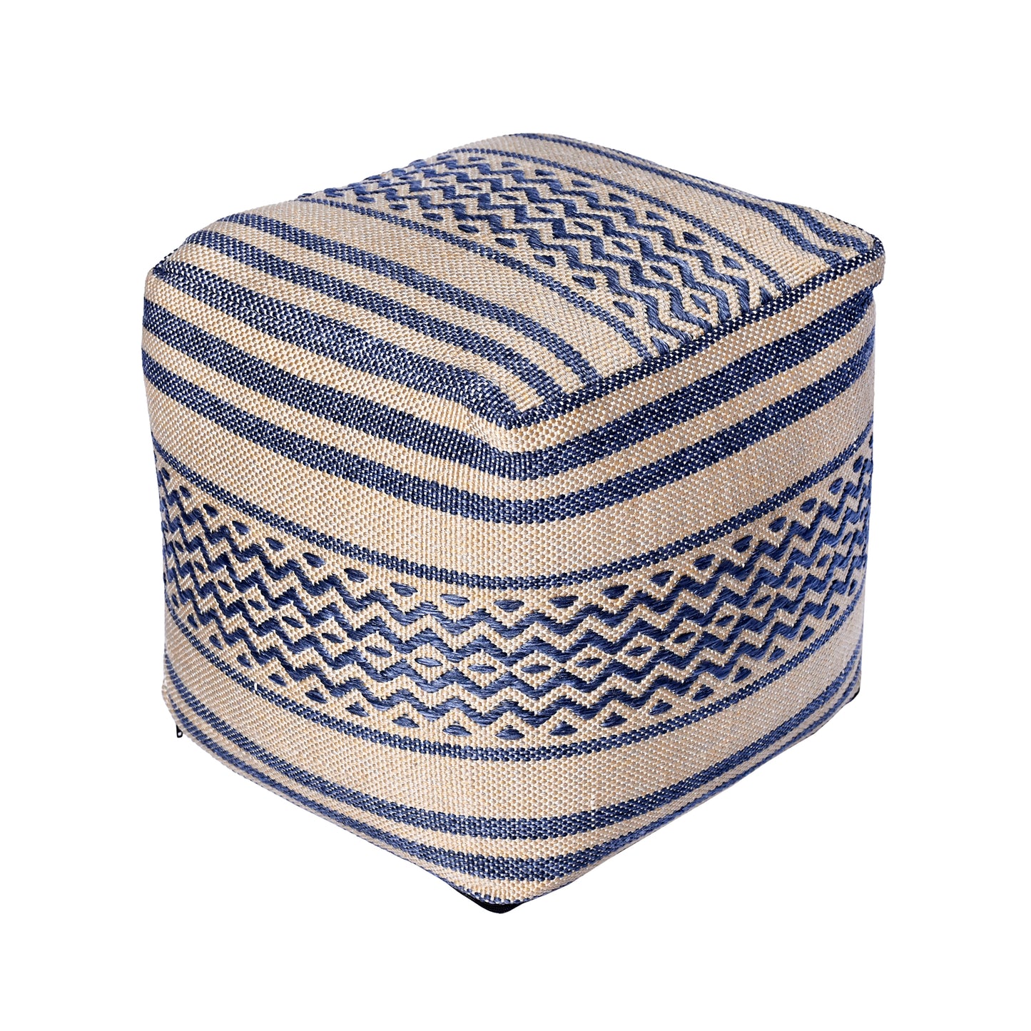 Pazar Pouf, Polypropylene, Beige,Navy, Pitloom, Flat Weave