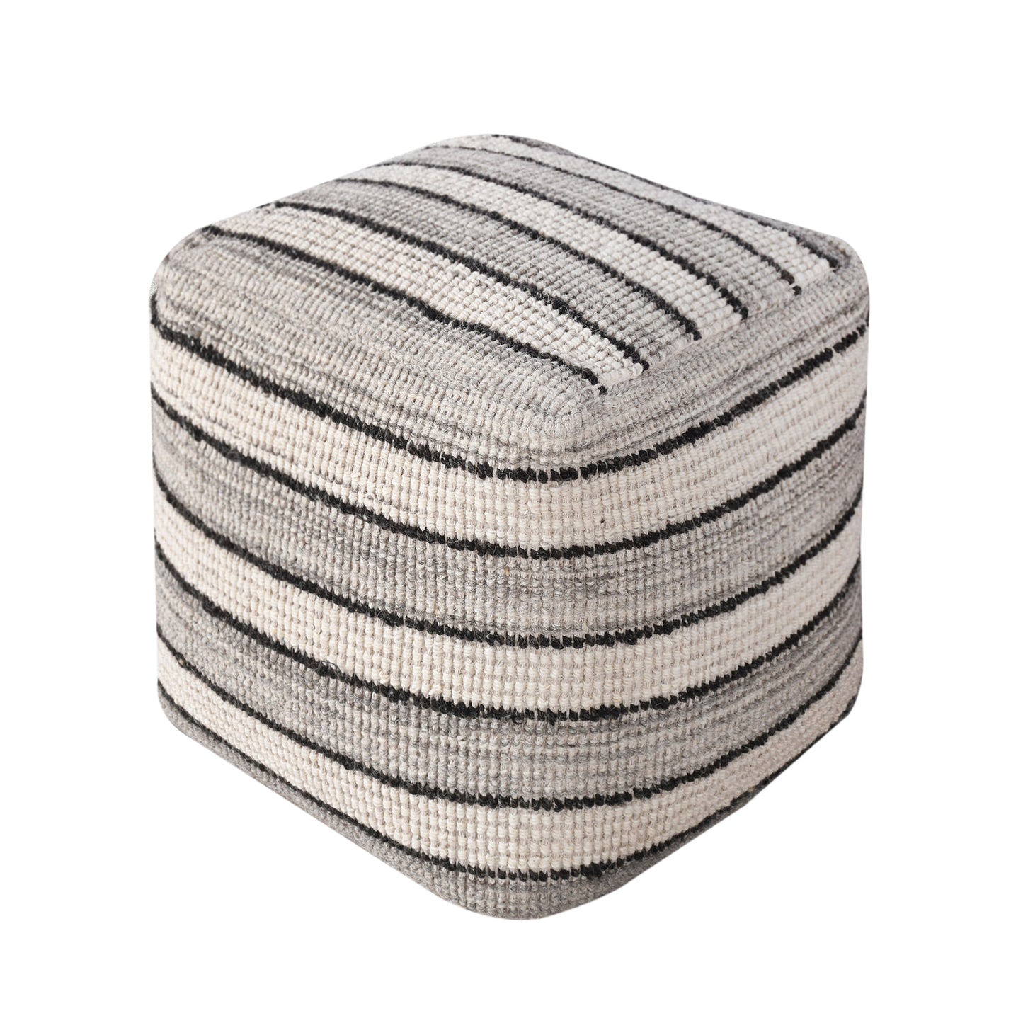 Prato Pouf, Wool, Natural White, Grey, Charcoal, Hand woven, Flat Weave